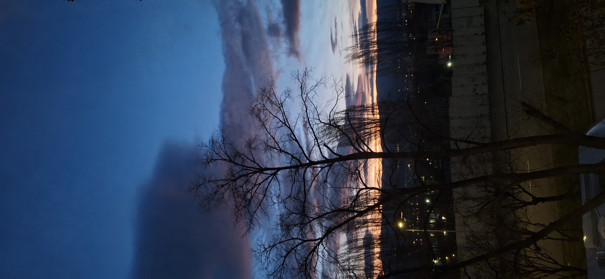 The image depicts a nighttime scene in what appears to be an urban environment. A silhouetted tree with bare branches dominates the foreground, obscuring part of the view. The sky transitions from a dark blue to a lighter hue with orange and pink tinges near the horizon, suggesting either sunset or sunrise. Dark, elongated clouds are visible in the sky. In the distance, there are indistinct lights that may be from buildings or streetlights, indicating a city skyline. A concrete structure, possibly a wall or building, is visible on the right side of the frame, along with what appears to be a road. The photograph is oriented vertically. Specific details needed to pinpoint the location in Blagoevgrad are missing.