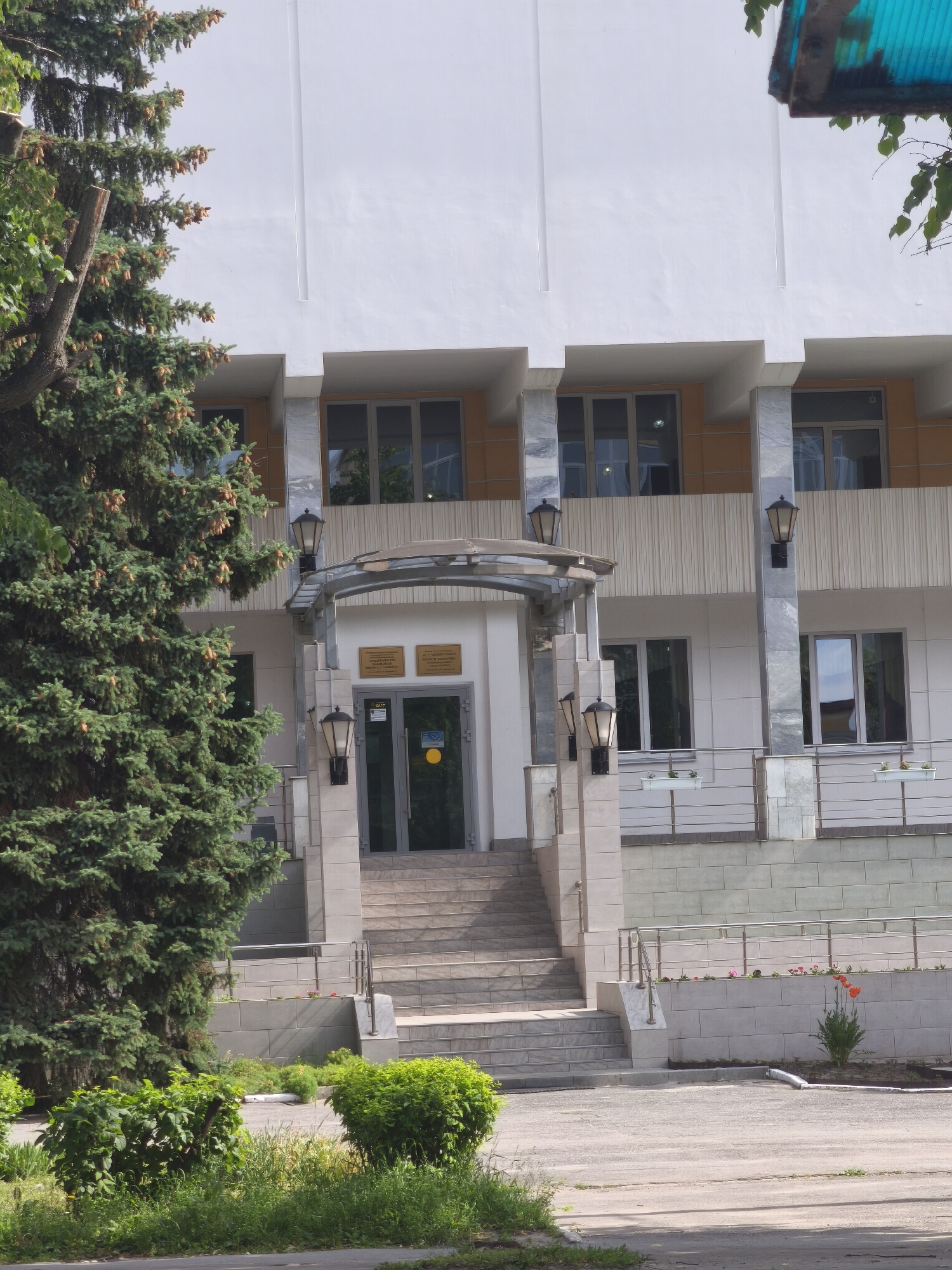 The image shows the entrance to a modern, multi-story building, likely an administrative or institutional building, located in the city of Yoshkar-Ola, Russia. The facade of the building is primarily white with horizontal decorative elements and multiple windows.
In the foreground, a large evergreen tree with numerous pinecones stands to the left, partially obscuring the building's entrance. The entrance itself is marked by a set of stone stairs leading up to double glass doors. An arched metal structure with decorative lamps covers the walkway leading to the entrance. Two signs are visible above the doors, one appearing to be official information, and another with Cyrillic text.
Further to the right, a paved area and a concrete walkway are visible, bordered by low green bushes and grass. In the background, a railing with small planters and more green foliage adds to the landscaping. The overall impression is one of a well-maintained public space.