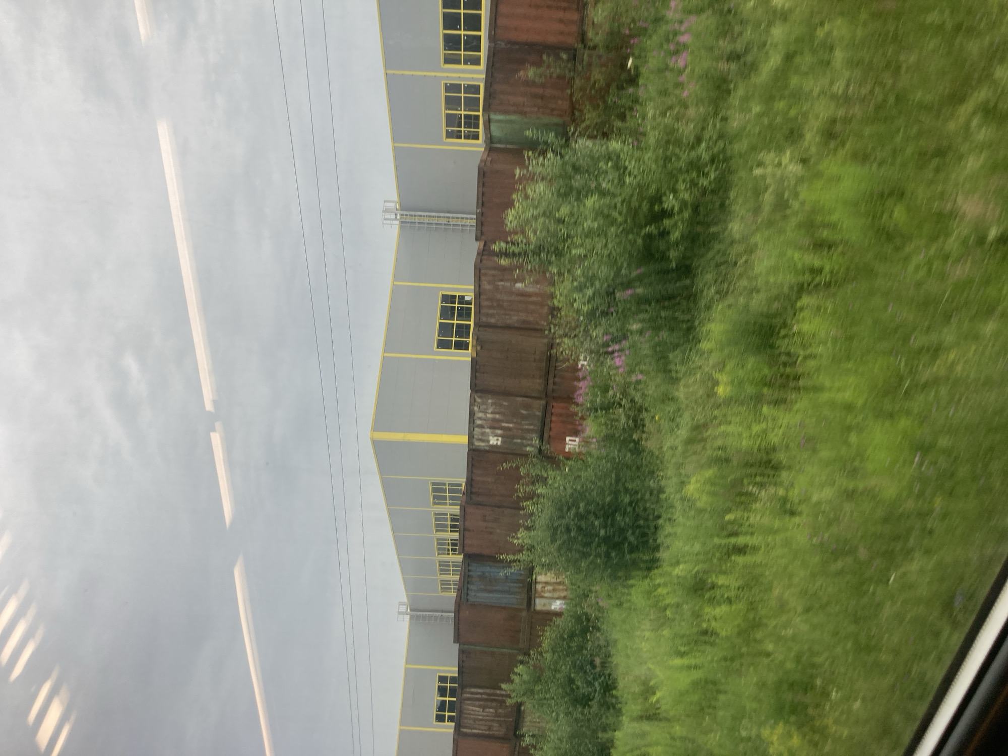 This image captures an industrial or logistical area, possibly on the outskirts of Sokolovo, Russia, under an overcast sky. In the background, a large, modern building with a grey facade and yellow trim is visible. The building features a series of evenly spaced rectangular windows with yellow frames. A metal ladder is affixed to the side of the building.
In the middle ground, a row of old, weathered shipping containers is stacked, with some appearing rusty and others showing signs of wear and tear. The containers exhibit various colors, predominantly dark brown and some hints of green.
The foreground is dominated by lush, green vegetation, including tall grasses and bushes. Scattered within the greenery are small pink and purple wildflowers, adding touches of color to the scene. The perspective suggests the photo was taken from a moving vehicle, likely a train or car, as indicated by the blurred motion of the foreground and the reflections on the window in the upper portion of the image. There are no people or animals visible in the frame. The overall impression is one of an active, albeit somewhat industrial and overgrown, landscape.