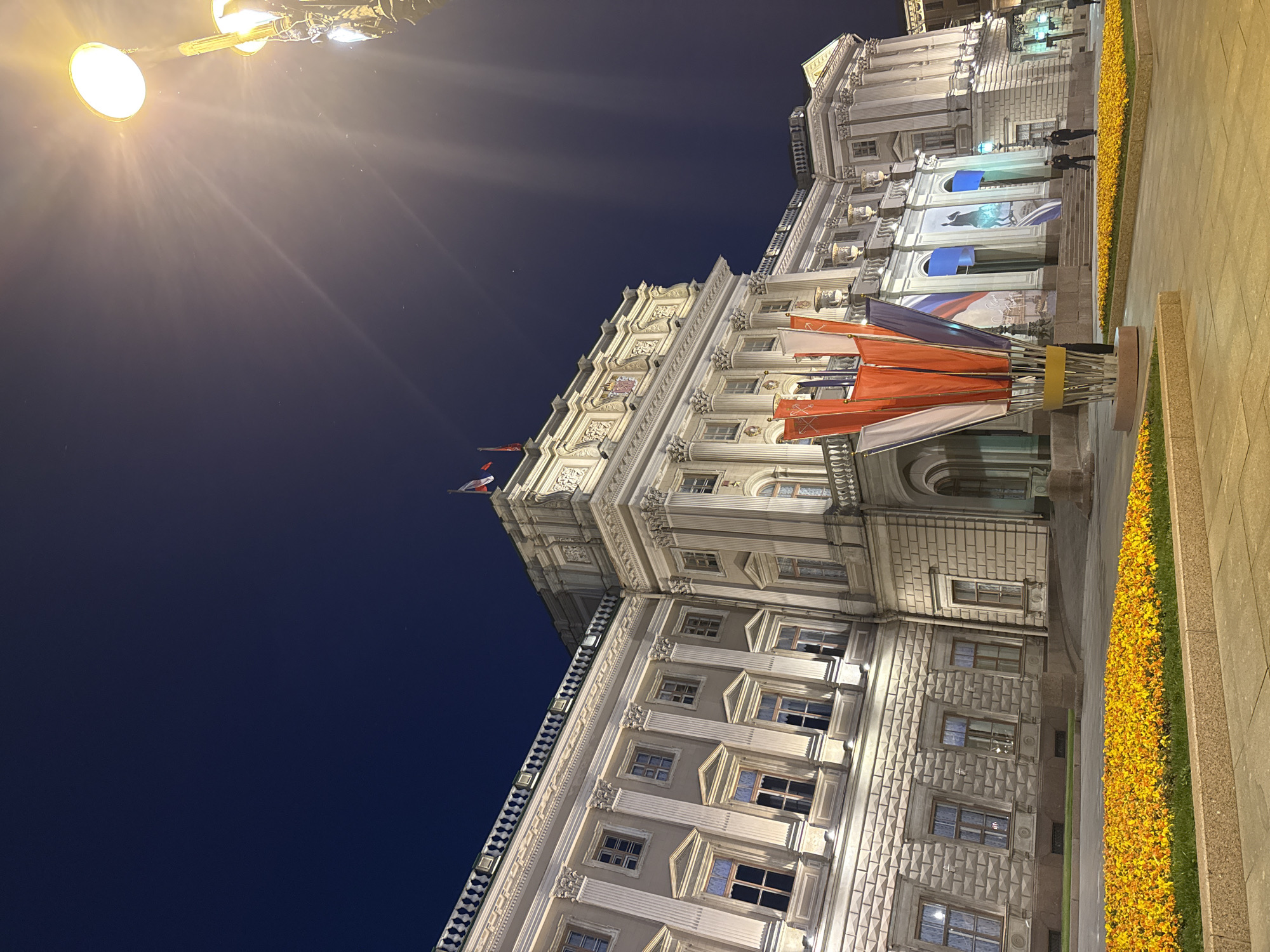 The image captures a grand, ornate building in Saint Petersburg, Russia, at night. The sky is a dark, deep blue, illuminated by artificial light sources. A bright streetlight in the upper left casts a strong glare and visible light rays across the night sky.
The multi-story building exhibits classical architecture, featuring elaborate details such as columns, pilasters, decorative cornices, and intricate window frames. The lower portion of the facade is constructed with diamond-patterned stonework, transitioning to smoother, more embellished sections on the upper levels. Numerous windows are visible, some dark, others showing faint interior light.
Flags and banners are prominent features. Two small flags, one resembling the Russian flag with white, blue, and red stripes, are visible on the roofline. A large, decorative display of flags, primarily in red, white, and blue, stands near a lower entrance or facade section. Further along the building, large vertical banners or posters are displayed, one featuring a light blue silhouette of an animal, possibly a horse or deer, suggesting an ongoing exhibition or event.
At ground level, a long, vibrant bed of yellow flowers runs alongside a paved sidewalk. Two dark, indistinct human figures are visible walking on the sidewalk, silhouetted against the illuminated building.
The scene conveys a sense of grandeur and quiet activity in a historic urban setting after dark. No legible text is visible in the media file.