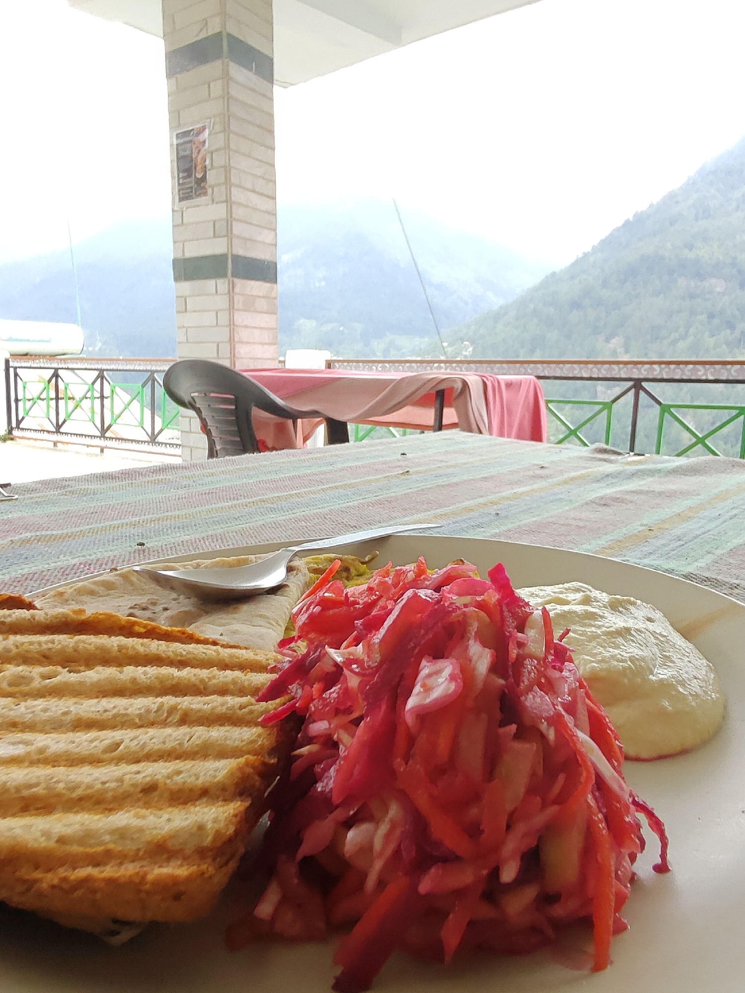 In Vashisht, India, a toasted sandwich with grilled lines sits on a striped tablecloth. Beside it, a pile of shredded red cabbage and carrots is served with a dollop of light-colored dip. A spoon rests on the sandwich. In the background, a railing with green criss-cross patterns overlooks a valley with misty mountains. A pillar of light-colored bricks with green accents is partially visible, with a poster attached to it. A black chair is positioned behind a table draped with a pink cloth.