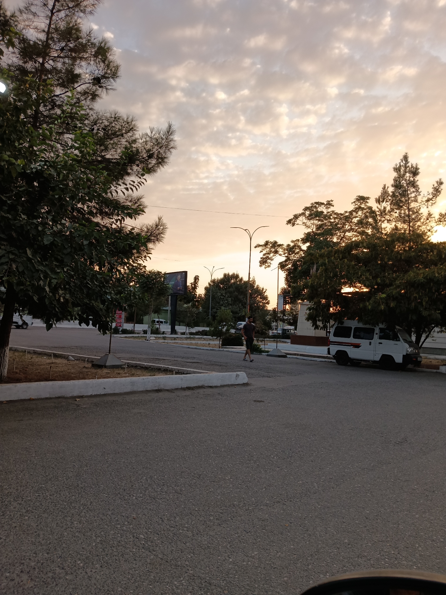A wide shot captures a street scene in Khodjaobad, Uzbekistan, during what appears to be sunset. The sky is a soft gradient of orange and white, with scattered clouds. On the left, a large tree with dense green foliage dominates the foreground. To the right, another tree, possibly a pine, with sparser needles, is visible. A white van with red and black stripes is parked under the tree on the right. A lone man in dark clothing and shorts is walking on the asphalt road in the middle ground. In the background, a billboard featuring a man in a suit is illuminated. Streetlights and other trees line the area, suggesting an urban or semi-urban environment. The road surface is asphalt, with a concrete curb separating it from a patch of dry, patchy grass. The overall atmosphere is tranquil, with the fading sunlight casting a warm glow.