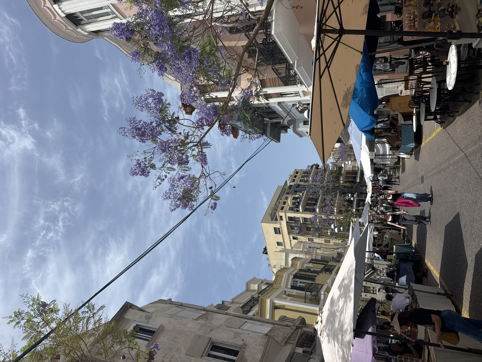 The image shows a street scene in Tel Aviv, Israel. The street is lined with buildings of various architectural styles and ages. A tree with purple flowers is present, adding a touch of color to the urban landscape. A market is in progress along the street, with numerous stalls set up under canopies. People are walking and browsing, engaged in shopping or leisure activities. Parasols are visible overhead.
