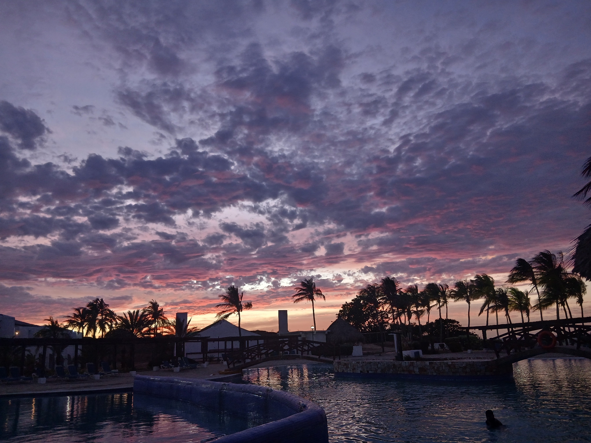 The image depicts a resort pool area at dusk. The sky is filled with clouds, colored with shades of purple and pink from the setting sun. Silhouetted palm trees line the horizon, bordering the pool area. A small bridge crosses a section of the pool, connecting two land areas. There are buildings and structures visible behind the trees. In the foreground, the pool water reflects the colors of the sky. A single person is partially submerged in the water. There is no evidence in the photograph to pinpoint the location as Altagracia, Venezuela.