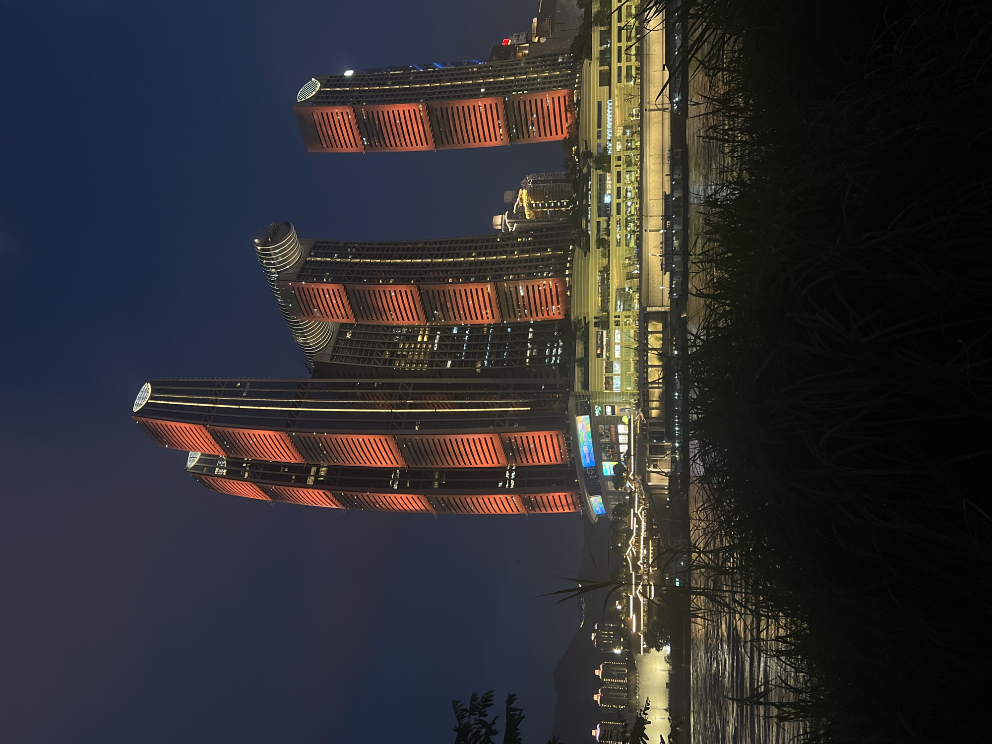 The image depicts a nighttime cityscape in Yuzhong District, China, characterized by modern skyscrapers illuminated with vibrant red and yellow lights. The buildings, with their distinctive architectural designs, dominate the skyline against a deep blue twilight sky. In the foreground, the dark silhouettes of reeds and grass obscure a body of water, likely a river, where several boats are visible. Across the river, a strip of buildings is illuminated with warm lights, suggesting a commercial or residential area. The overall scene conveys a sense of urban development and nighttime vibrancy.