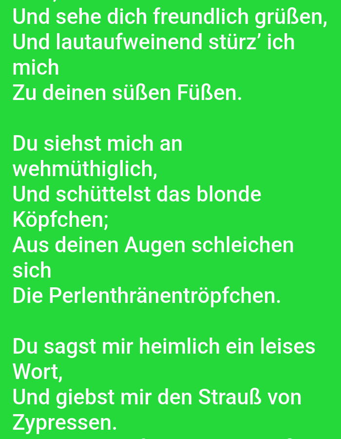 The image contains text on a bright green background. The text is in white and appears to be a poem or lyrics. The text is in German. There are no visible people, subjects, objects, actions, interactions, or environmental details other than the text and background. The image is a digital rendering of text and does not depict a physical location in Tallinn, Estonia, or anywhere else.