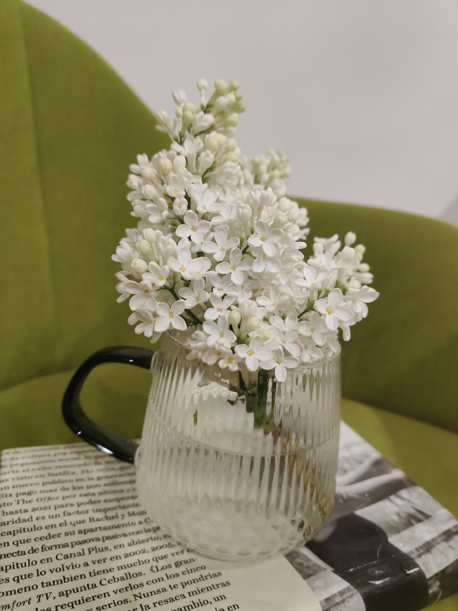 A close-up shot focuses on a clear, textured glass mug filled with white lilacs, resting on an open book. The mug, featuring a black handle, sits atop a book with black-and-white images and Spanish text visible on the open pages. The background is a soft, solid green color, likely part of a chair or similar furniture. The composition highlights the flowers and the reading material, creating a still-life scene.