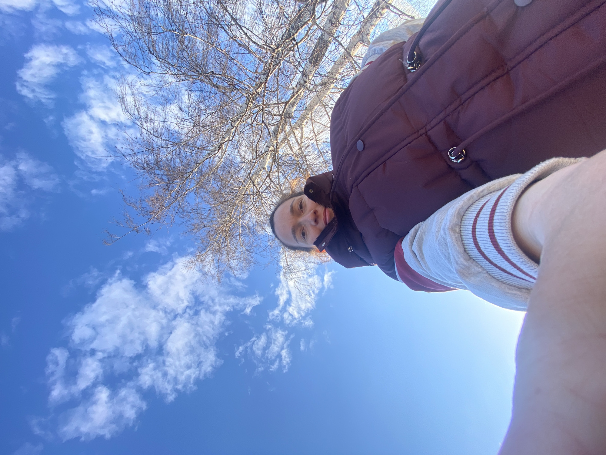 A low-angle shot looking up shows a person in a maroon puffer jacket with white sleeves and red stripes, positioned slightly to the right of the frame. Bare tree branches are visible behind the person, contrasted against a bright blue sky with scattered white clouds. The person's face is partially visible, with a slight tilt, and positioned between the tree branches and the jacket. The location is possibly Ольховка, Russia, considering the user's request.