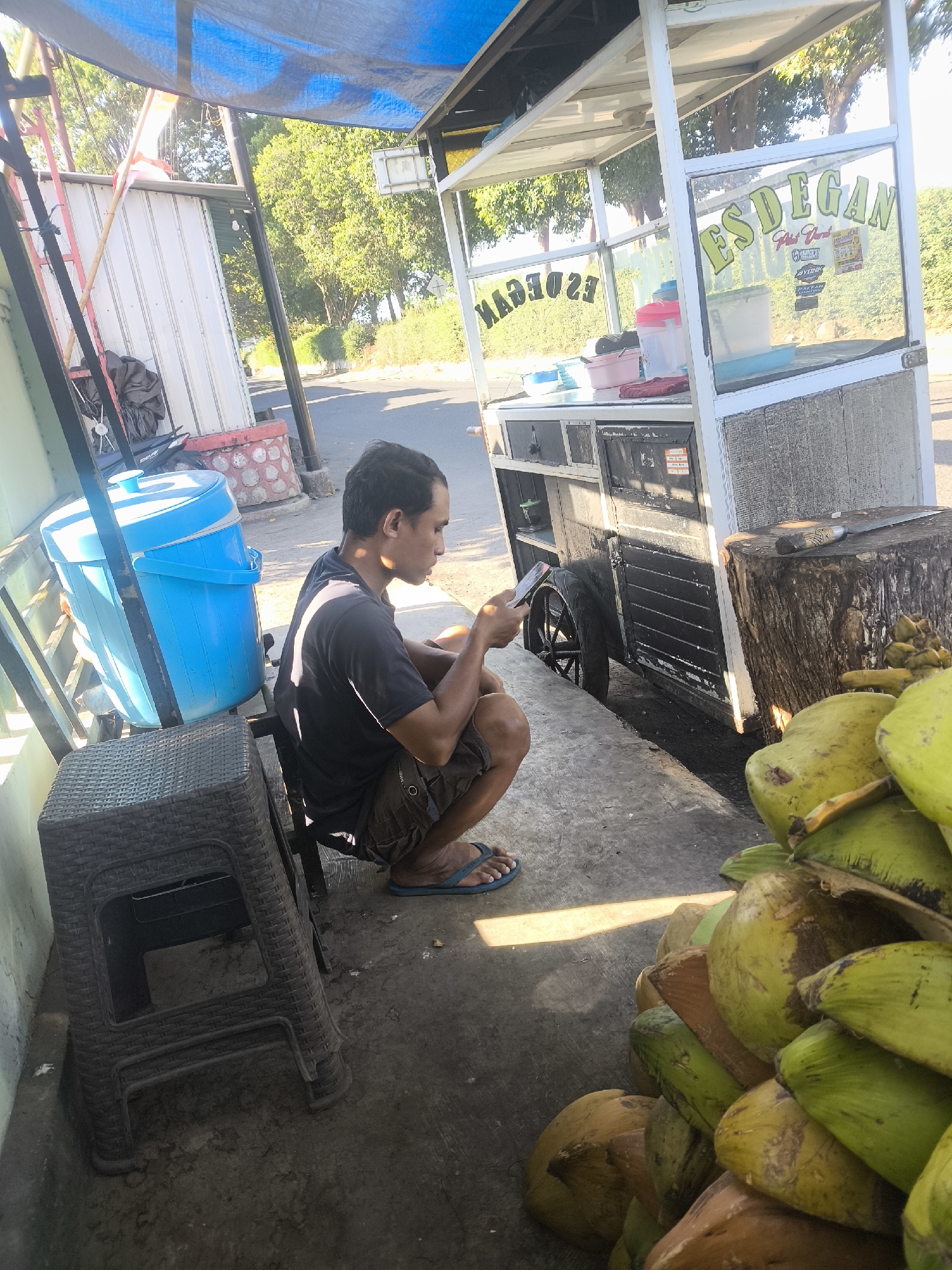 The image depicts a man squatting on a concrete surface next to a food cart in Lumajang, Indonesia. The man is wearing a dark t-shirt and shorts, and he is looking at his phone. The food cart is decorated with the words "ES DEGAN" and appears to be selling coconuts. In the foreground, there is a pile of green coconuts, and a blue cooler is visible to the left of the man. The background shows trees and a road. The scene appears to be outdoors in a sunny environment.