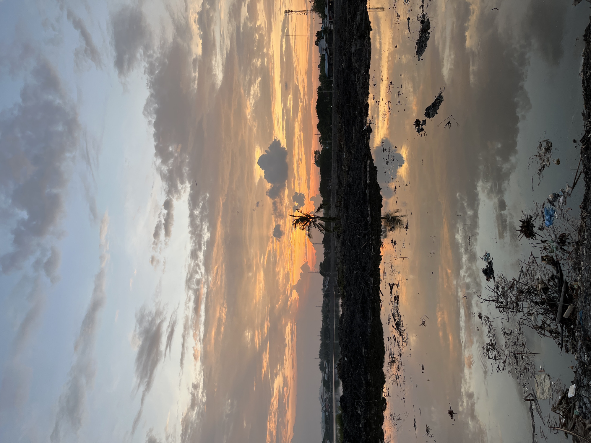 A vertical, full shot captures the serene atmosphere of a sunset over a body of water in Lhokseumawe, Indonesia. The sky is ablaze with hues of orange and pink, painted with soft, wispy clouds. A lone palm tree stands silhouetted against the vibrant sky, its reflection shimmering on the calm surface of the water. The water's edge is lined with dark, rough terrain, a stark contrast to the delicate beauty of the sky above. Scattered debris litters the foreground, a subtle indication of human presence. In the distance, a line of buildings and trees stretches across the horizon, punctuated by a tall communication tower. The scene evokes a sense of tranquility and natural beauty, characteristic of Lhokseumawe's coastal landscapes.