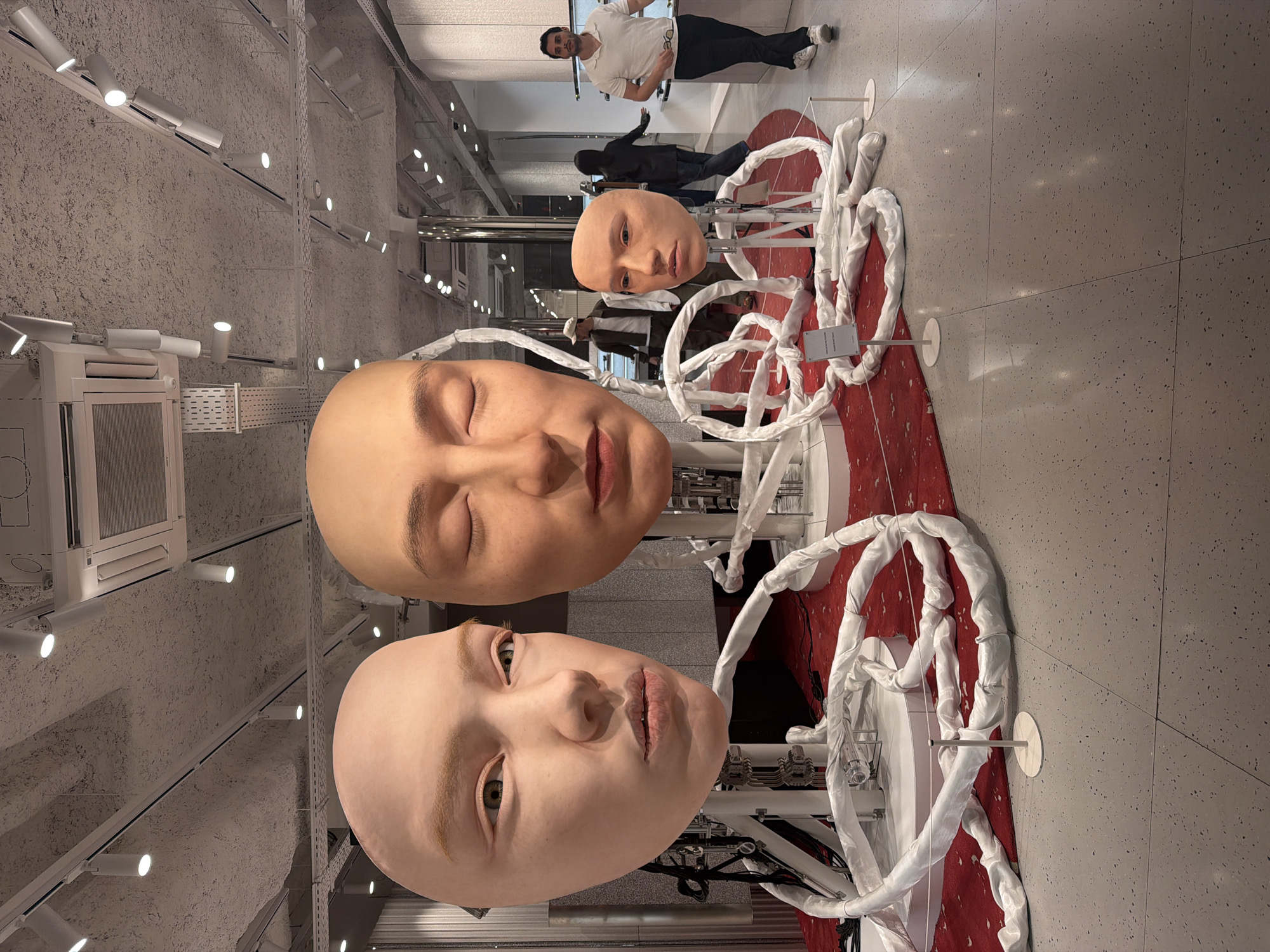 The image shows an indoor space featuring an art installation consisting of three large, realistic human head sculptures of different individuals displayed on elevated platforms. The heads are arranged in a vertical line, with one looking down, one with eyes closed, and one looking up. They are connected to the platforms by mechanisms and adorned with coiled white fabric. The installation is placed on a red carpet. People can be seen walking around in the background. The building interior includes a textured wall, a grey tiled floor, and a network of track lighting on the ceiling. The picture was taken in Paris, France.