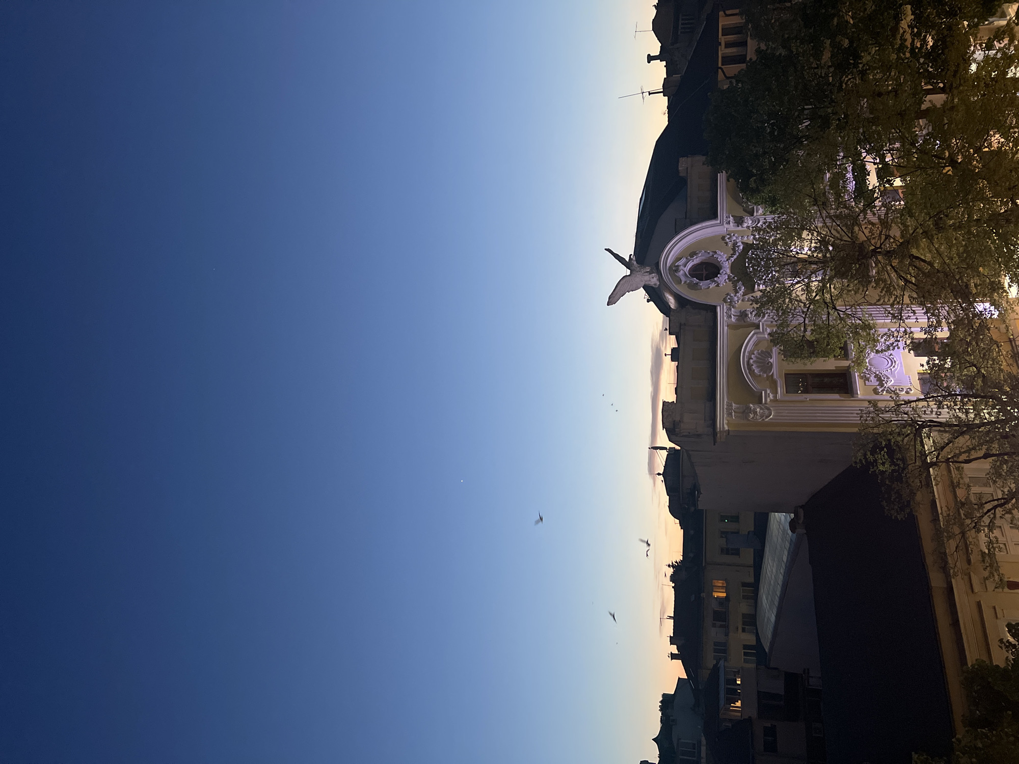 The image depicts a cityscape at dusk. In the foreground, there is a building with elaborate architectural details, including an ornate facade, an eagle statue atop the roof, and decorative elements. The building is illuminated, possibly by streetlights or interior lighting. Beside the building is a bare tree that is also illuminated. In the background, there are other buildings of varying heights and styles. The sky transitions from a deep blue to a lighter hue as it approaches the horizon. Several birds are flying in the sky. The image suggests that the location is Burgas, Bulgaria, likely featuring a prominent building that is either the Bulgarian National Bank or another historical building that features an eagle as a statuette.