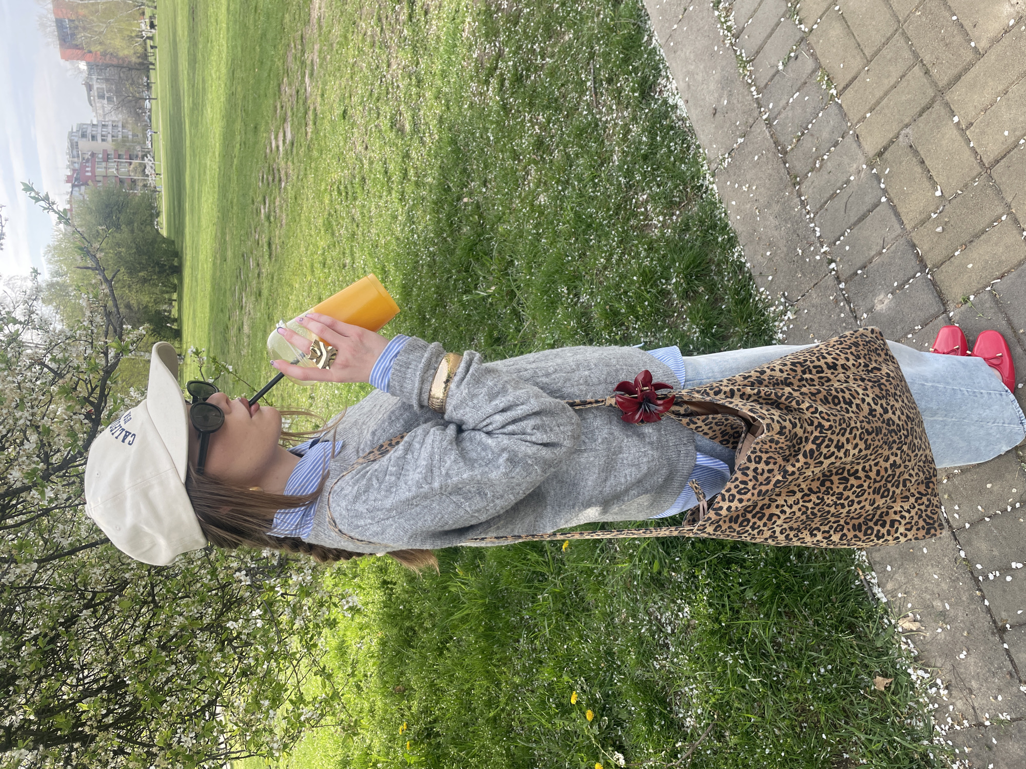 The image, rotated 90 degrees clockwise, captures a woman enjoying a drink in an urban park on a bright spring day in Sofia, Bulgaria. Seen in profile, she is mid-sip from a clear cup containing an orange beverage, using a straw. She wears a casual ensemble: a light grey knitted sweater over a blue and white striped shirt, light blue jeans, and striking red flat shoes. Her accessories include a white baseball cap with the partial text "CALIFO" (likely "CALIFORNIA"), dark sunglasses, gold-toned bracelets, and a ring. A prominent leopard print tote bag with a red floral-shaped embellishment hangs from her shoulder.
The setting features vibrant green grass dotted with small yellow flowers and scattered white petals, indicative of blooming trees nearby. A paved path, also strewn with white petals, runs alongside the grassy area. In the foreground to the left, a tree with abundant white blossoms is visible. The background reveals more trees and distant buildings, consistent with a city park environment. The scene conveys a relaxed and pleasant outdoor moment.
