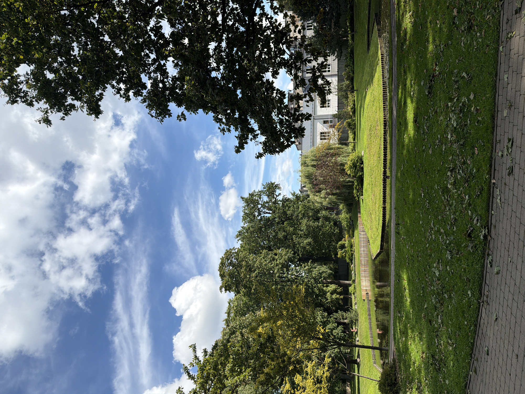 The image depicts a park scene on a sunny day with scattered white clouds against a blue sky. In the foreground, a paved walkway made of grey interlocking bricks leads into a lush green lawn dotted with fallen leaves. The lawn slopes gently towards a pond with an unusual curved wooden retaining wall. Surrounding the pond are various trees, some with vibrant green foliage and one with yellowing leaves, suggesting the transition to autumn. In the background, a modern white building with multiple windows and a grey roof is partially visible behind a dense canopy of trees, including a large, dark green tree dominating the right side of the frame. The overall impression is one of a well-maintained urban park offering a tranquil natural setting. This scene is consistent with the aesthetic of Vērmanes Garden in Riga, Latvia, a historic public park known for its diverse flora and picturesque water features.