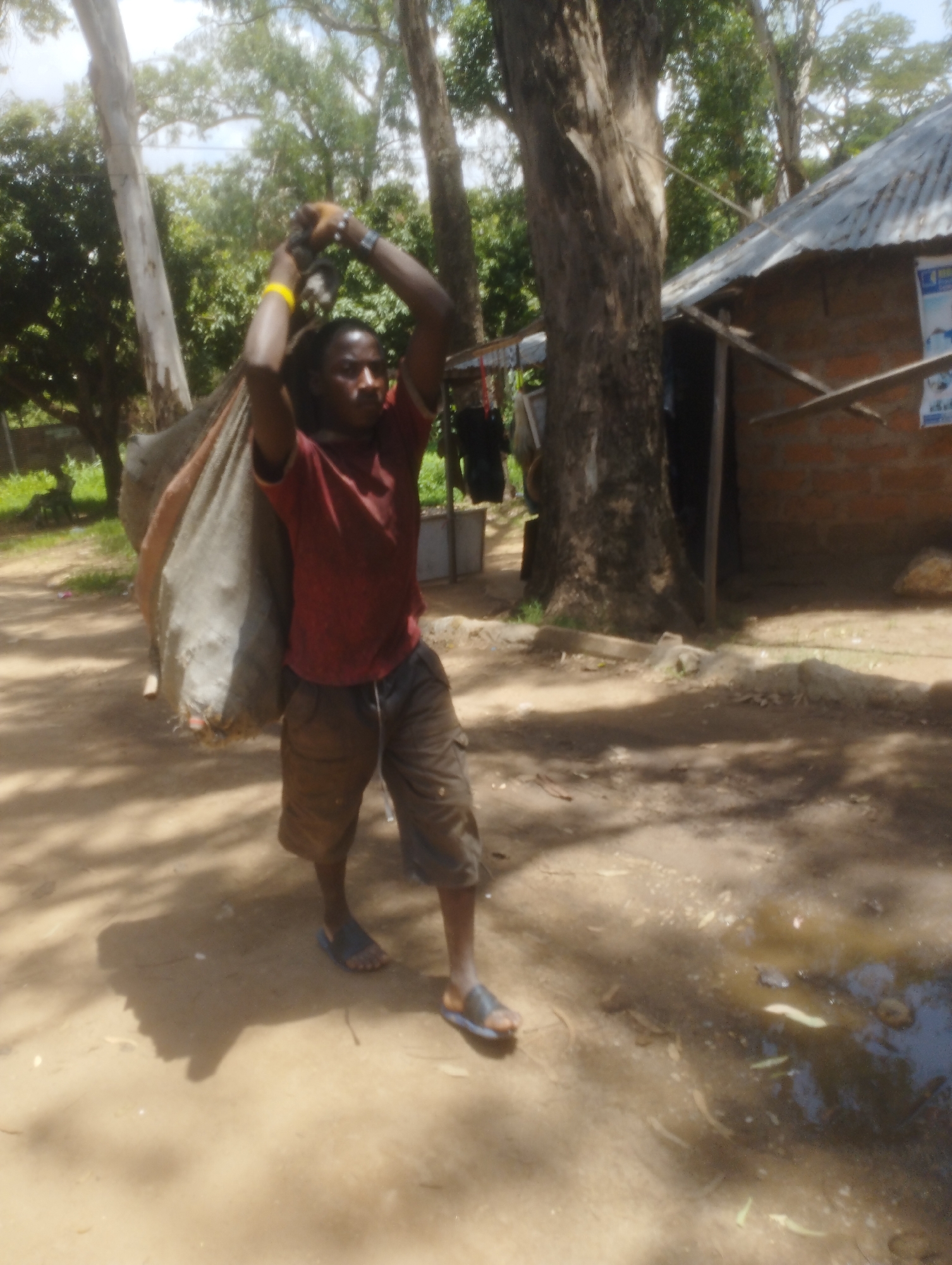 A young man with dark skin and braided hair is carrying a large, dark bag over his right shoulder. He is wearing a red t-shirt, brown cargo shorts, and dark sandals. A yellow wristband is visible on his left wrist. He appears to be walking on a dirt path.
Behind him, there is a rustic building constructed with bricks and a corrugated metal roof. A large tree with a thick trunk stands prominently next to the building. Lush green foliage and more trees are visible in the background, suggesting an outdoor, possibly rural or semi-rural, setting. The ground is a mix of dirt and some sparse vegetation. Sunlight filters through the trees, casting dappled shadows on the ground, indicating it is daytime. The overall atmosphere seems to be warm and possibly humid. There are no visible signs of distress or urgency from the man.
The location context provided is Jos, Nigeria.