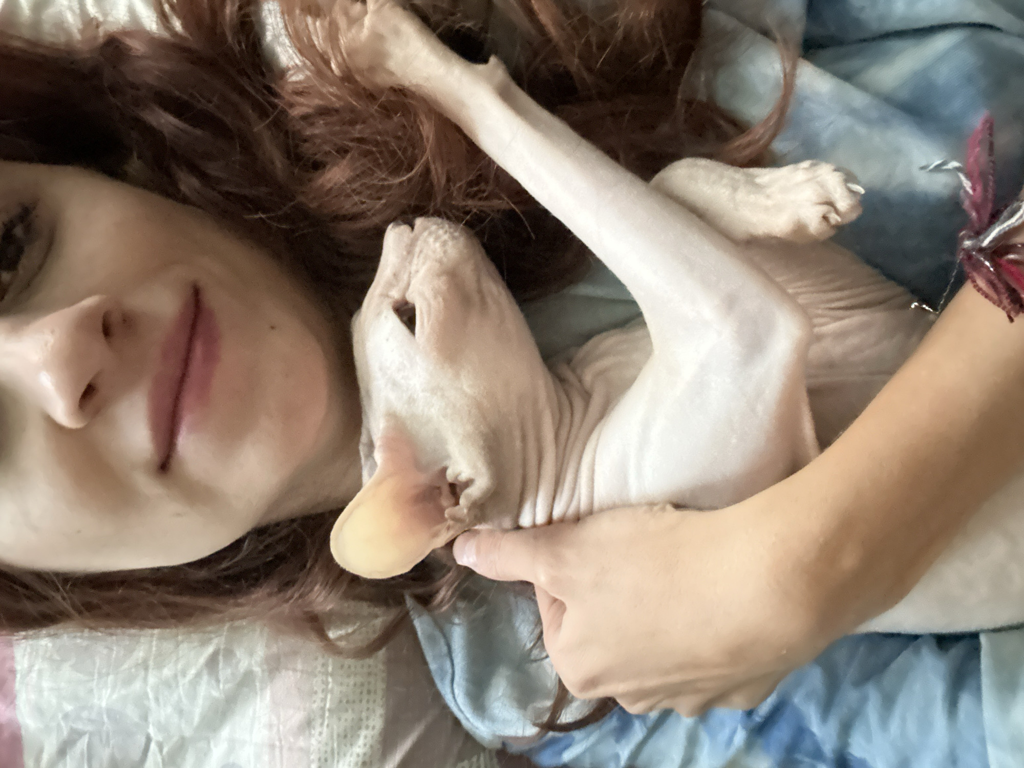 A woman with long, auburn hair is lying down, holding a Sphynx cat. She is wearing a blue and white tie-dye shirt. The cat is light-colored and is nestled in her arms, with its head turned to the right. The woman's left hand is gently touching the cat's ear. The background consists of a striped blanket. The scene appears to be indoors, in a domestic setting. There is no identifiable information to suggest this location is in Togliatti, Russia.