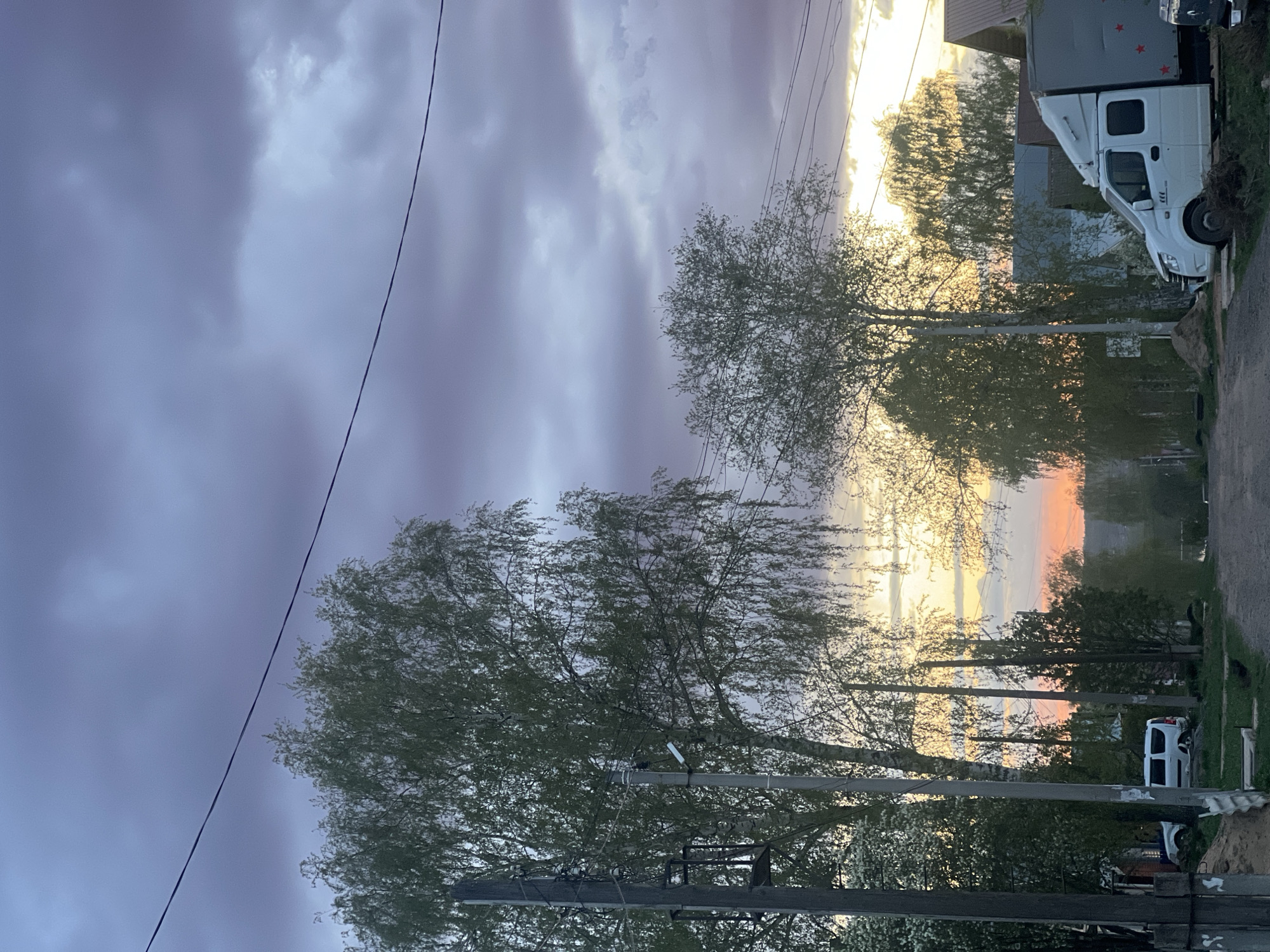 The image shows an outdoor scene in Votkinsk, Russia. The sky is overcast with dark, swirling clouds. Two large trees are in the foreground, their branches silhouetted against a lighter area of the sky, possibly indicating the setting sun. Power lines run diagonally across the upper left portion of the image. A white delivery truck is visible on the right, parked near a building. Utility poles are visible amongst the trees. The ground is slightly blurred, indicating a roadside or residential area.