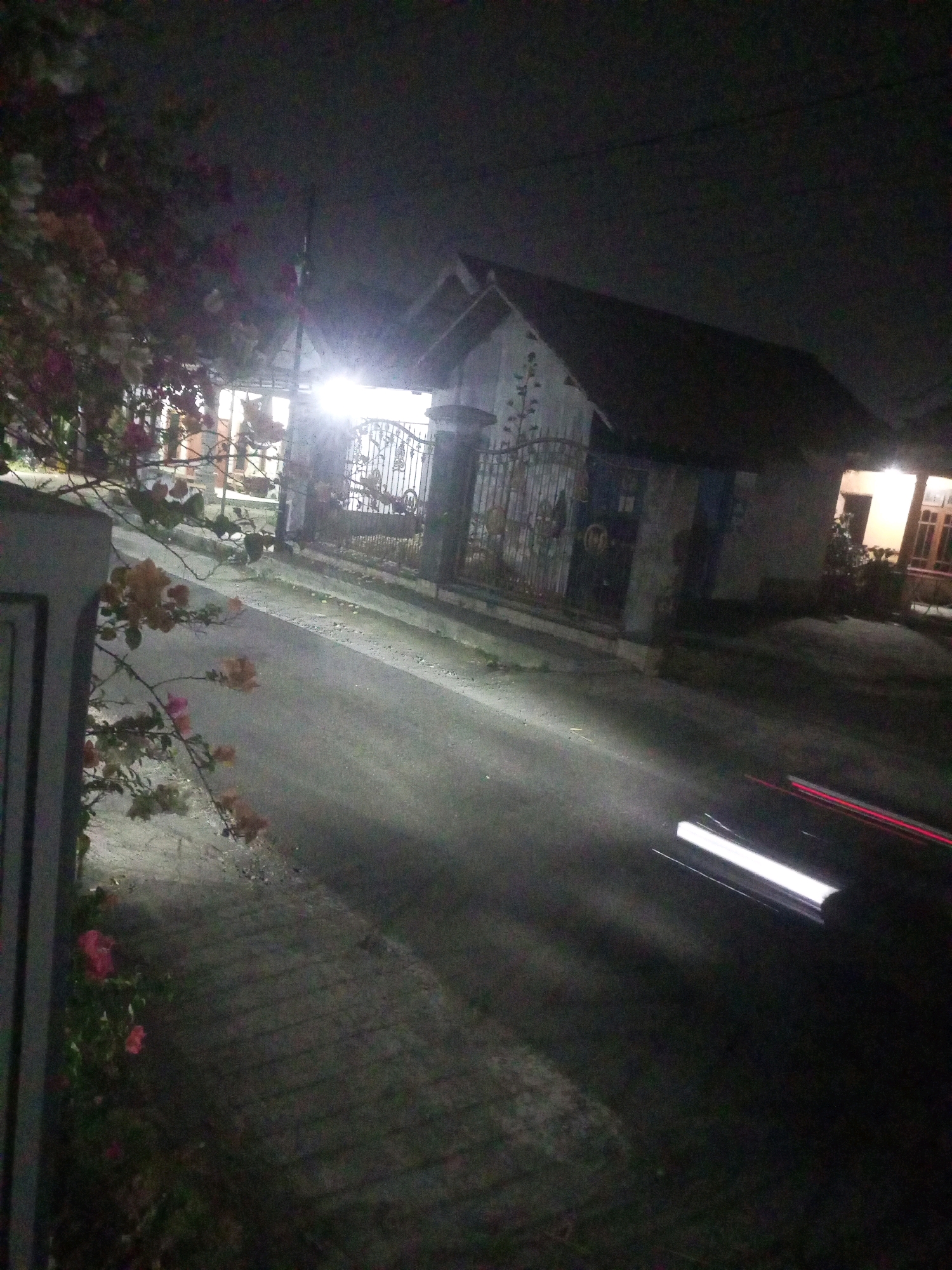 The image captures a street scene at night in Ngasem, Indonesia. A paved road runs diagonally across the frame, with a sidewalk or paved area on the left side. A house with a pitched roof and a decorative metal gate is visible on the right side of the road. The house is illuminated from within by warm light emanating from windows. Overhanging the sidewalk on the left are branches of a flowering plant with pink and orange blossoms. The night sky is dark, with some faint ambient light suggesting the presence of artificial illumination. Light streaks from a moving vehicle are visible on the road surface, indicating motion blur. The overall impression is one of a quiet residential street after dark.