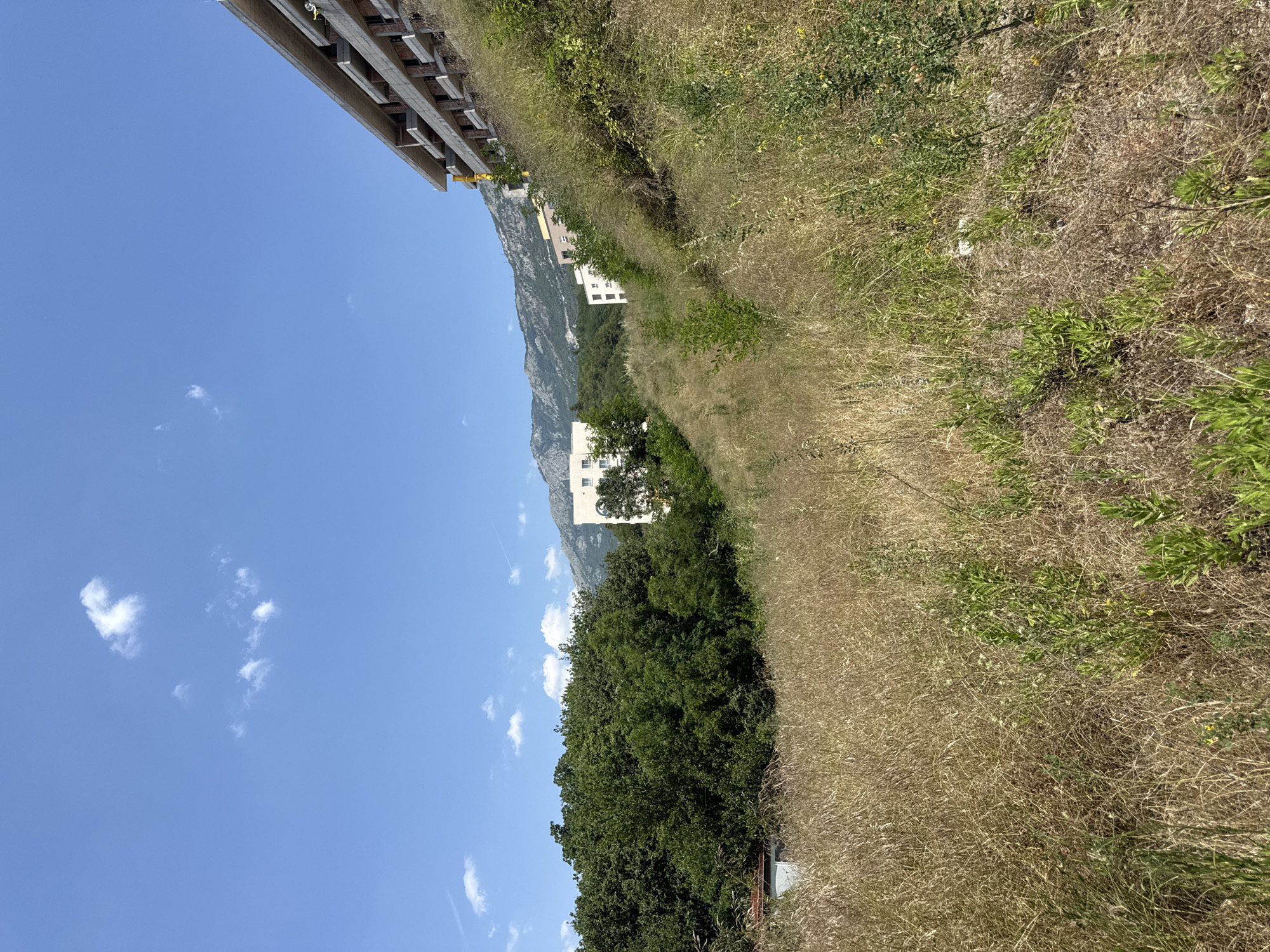 The image depicts a natural landscape with a hint of urban development in Boreti, Montenegro. The scene is dominated by a steep, grassy hillside covered in dry, golden vegetation, suggesting a warm, sunny day. The bright blue sky with a few scattered white clouds further confirms pleasant weather conditions.
In the upper left portion of the image, a portion of a modern building, possibly an apartment complex or hotel, is visible. Its geometric structure and light-colored facade contrast with the natural elements. Further down the hillside, amidst lush green trees, are two more buildings with white facades, indicating a settled area within the natural surroundings.
A dense cluster of dark green trees occupies the lower middle of the image, providing a stark contrast to the dry grasses. Beyond the trees and buildings, a majestic mountain range forms the backdrop, its slopes partially covered in vegetation. The overall impression is one of a serene, sun-drenched day in a location where nature and human habitation coexist. The image is a still photograph with no discernible activity or event taking place. No text is visible within the frame.