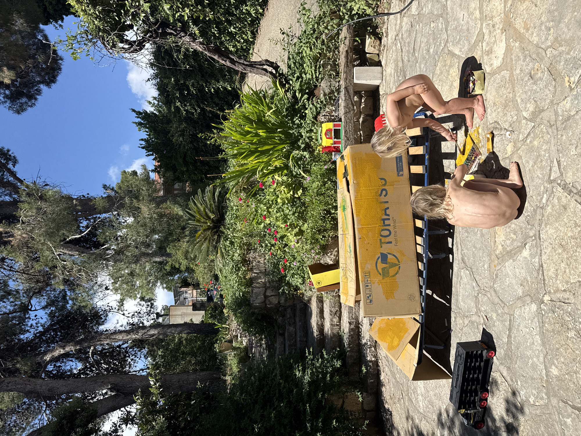 Two nude children are outside painting a box, located in Kfar Vradim, Israel. The box has the word "TOHATSU" written on it. They are sitting on a stone patio surrounded by greenery. There is a black toy truck and a yellow container near the box. A paint palette and brush are visible. The backdrop includes trees, a building, and a blue sky.