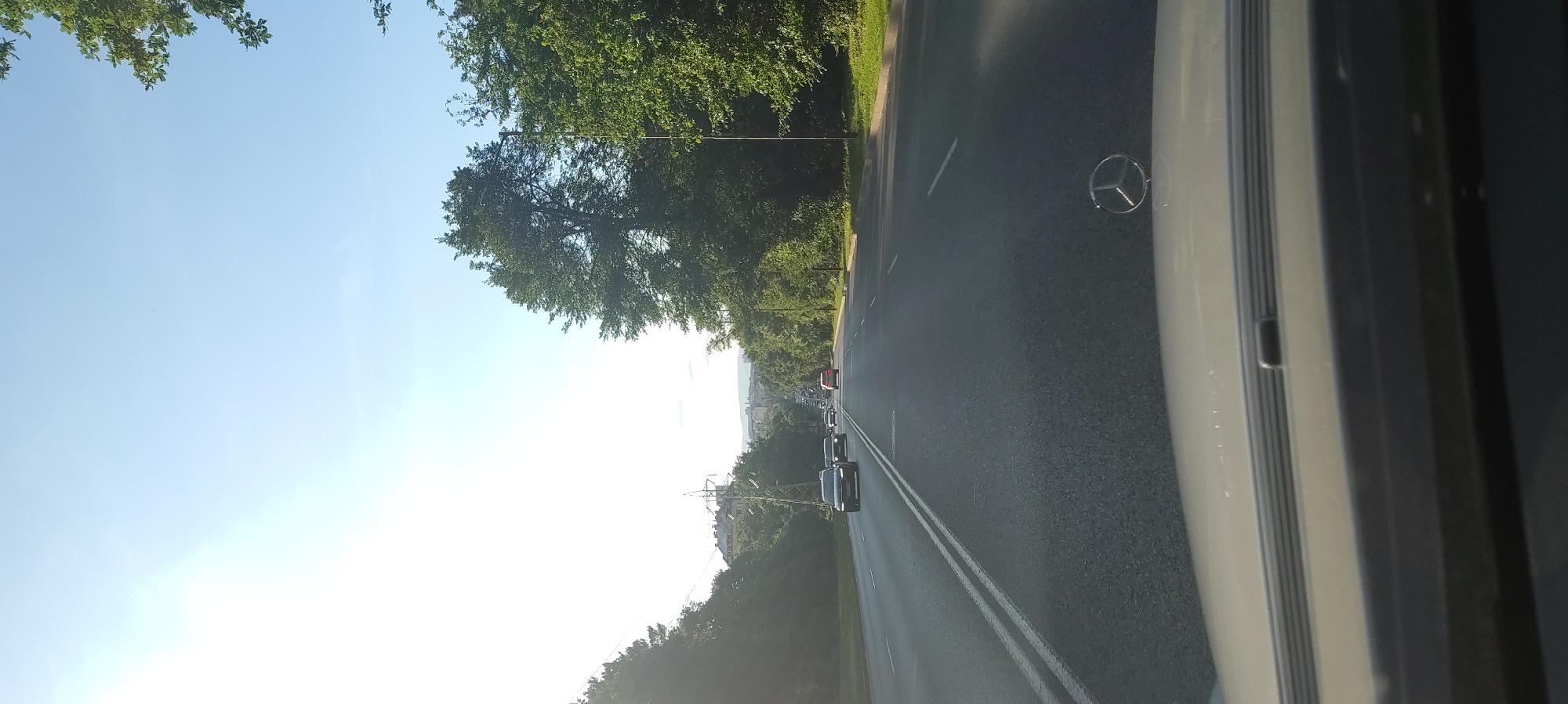 A vertical, low-angle, full shot shows a Mercedes-Benz hood ornament and a highway leading to a city in the distance. The car is on a paved road, and the road is lined with trees on both sides. The sky is blue, with a few clouds. The sun is shining brightly. In the distance, there is a city with buildings and power lines. There are several cars on the highway. The car that the photo is taken from has a hood ornament of the Mercedes-Benz logo. The car in front of the photographer is driving on the right side of the road. There is a slight glare on the hood of the car, obscuring the front bumper and the lower portion of the windshield.