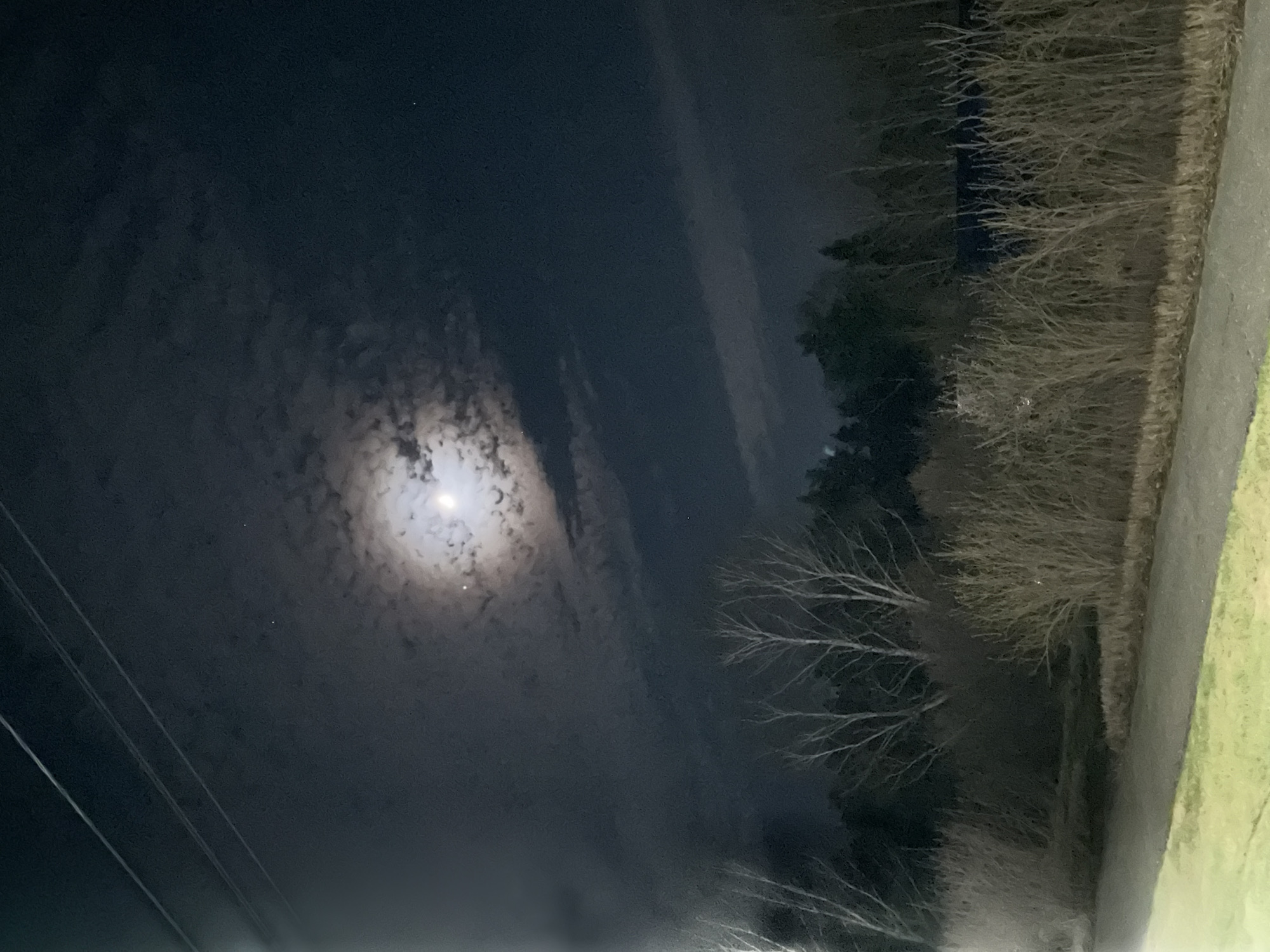 A night scene shows a bright moon surrounded by scattered clouds in a dark sky. Below the sky, trees and bushes line the right side of the frame, adjacent to a paved path. Power lines are visible in the lower-left corner of the image. The environment appears to be rural or suburban.
It is not possible to verify that the image was taken in the city of Chaikovsky, Russia.