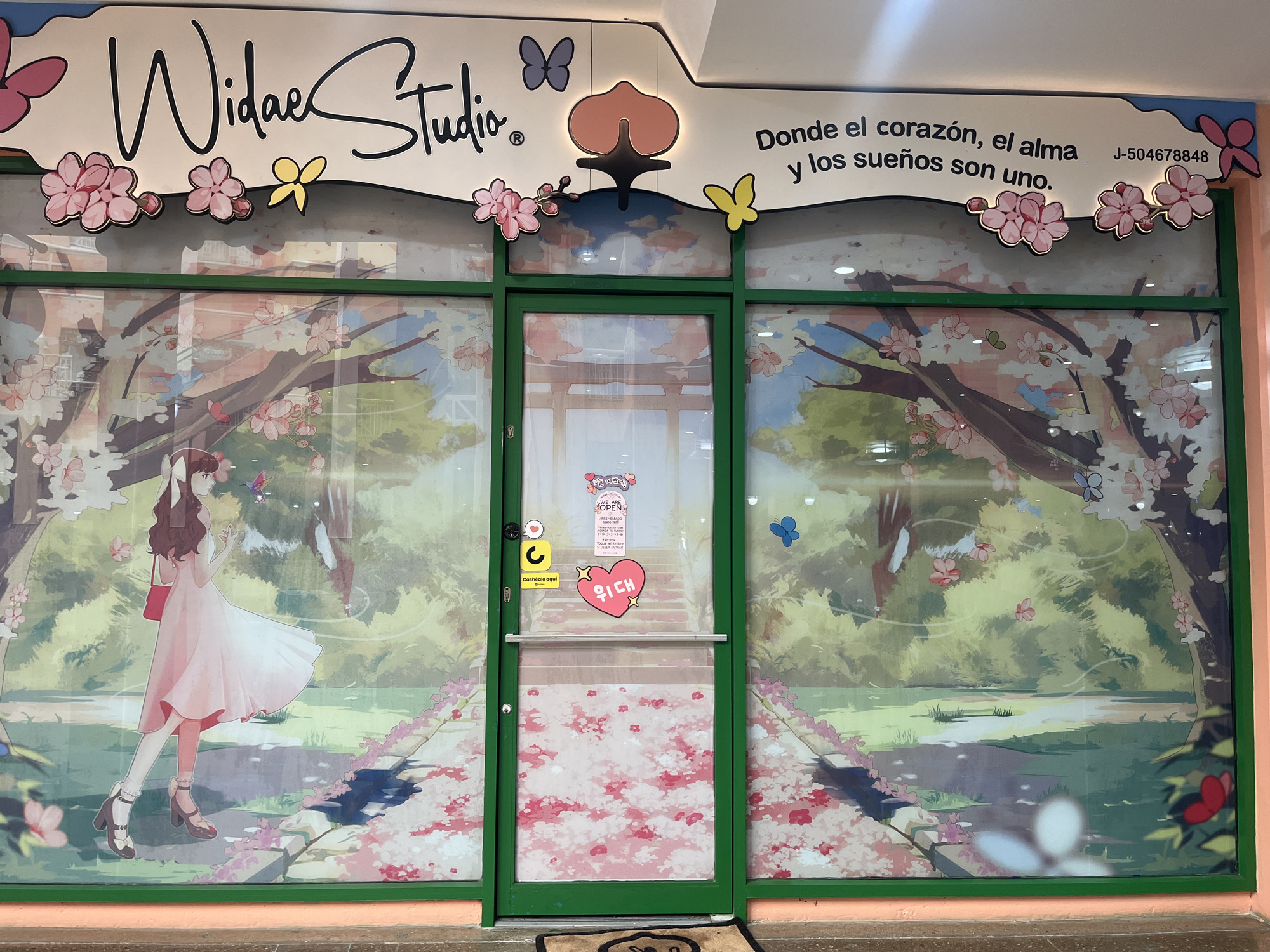 The image shows the storefront of Widae Studio, located in Pampatar, Venezuela. The shopfront features a large window display depicting an anime-style girl walking in a park filled with cherry blossoms. Above the window, the store's name, "Widae Studio," is written in cursive script, accompanied by floral and butterfly decorations. To the right, a phrase in Spanish reads "Donde el corazón, el alma y los sueños son uno" ("Where the heart, soul, and dreams are one"). A logo resembling a peach with a black element is positioned above the door. A sign on the door reads "We are open." A red heart with Korean letters is also on the door. The store's RUC number, J-504678848, is visible on the right side of the signboard. A sticker with the words "Cashealo aqui" is visible to the left of the door. The storefront is painted in green and peach colors.