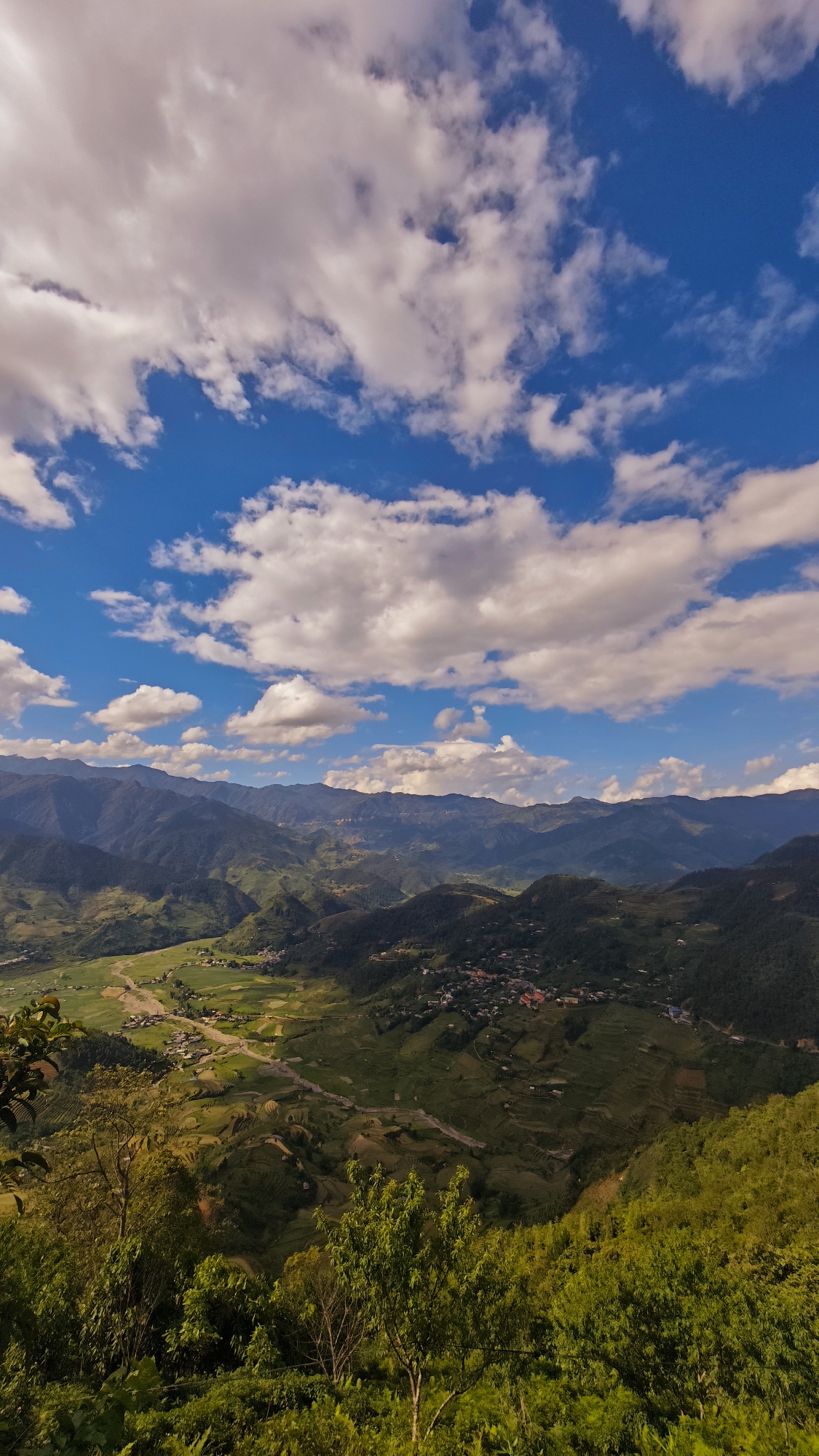 This wide-angle vertical shot captures a mountainous landscape in Tu Le, Vietnam, under a partially cloudy blue sky. The upper third of the image displays a vibrant blue sky dotted with numerous white cumulus clouds, casting some shadows. Below, a series of green mountain ranges extend into the distance, with varied topography and visible terraced agricultural fields on their slopes.
In the middle ground, a valley is prominent, featuring a winding river or stream traversing flat, cultivated areas that appear to be rice paddies. A cluster of buildings, indicative of a village or settlement, is situated on the lower mountain slopes and within the valley, particularly visible on the right side. Roads or paths are discernible connecting parts of this settlement.
The foreground is dominated by lush green foliage and tree branches, some illuminated by sunlight, framing the expansive view of the valley and distant mountains. No human figures or animals are visible within the frame. The lighting suggests daytime, with shadows indicating the sun's position.