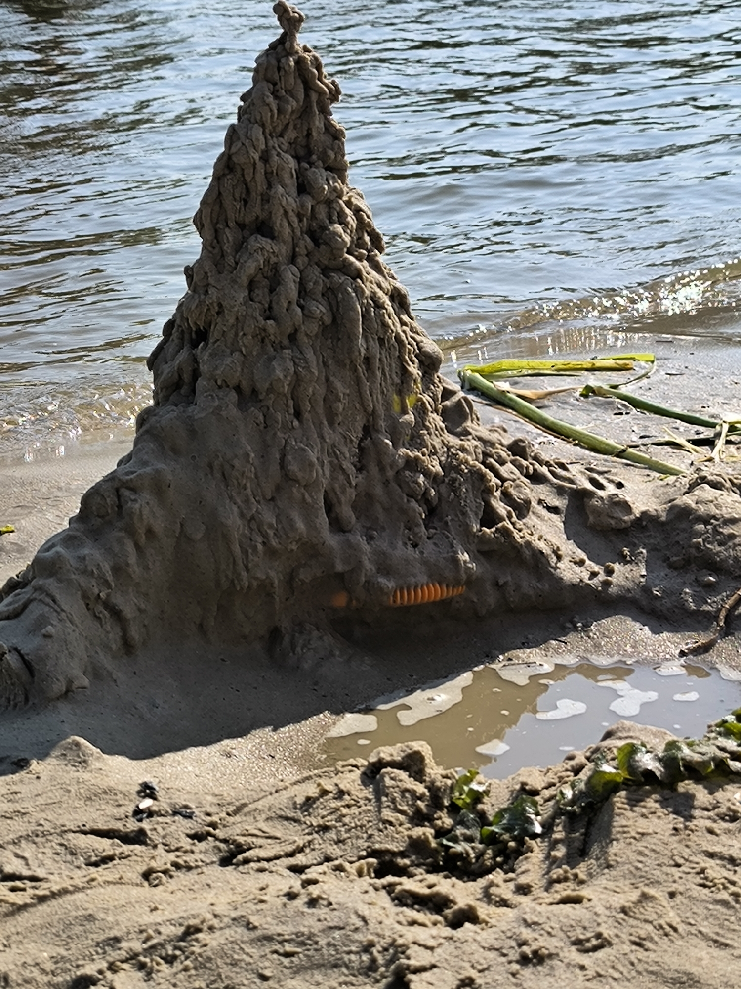 The image shows a sandcastle on a beach with water in the background. The sandcastle is tall and conical, with a rough texture. There are some pieces of green vegetation scattered on the sand. In the foreground, there is a puddle of water. The scene is brightly lit, suggesting it is daytime. The image does not provide any specific information about the city of Oktyabrsky, Russia.
