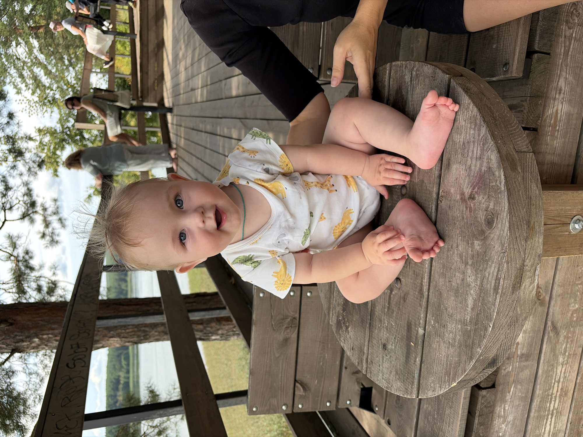 An outdoor portrait shows a baby sitting on a circular wooden table. The baby, positioned in the foreground, is facing the camera with a wide-eyed expression and an open mouth. They are wearing a white bodysuit adorned with images of giraffes and other animals. The baby has light-colored hair and blue eyes. To the right of the baby, a person's arm and shoulder are visible, wearing a black garment. This person's hand is gently resting on the baby's leg. The wooden table appears worn and weathered. In the background, several other individuals are seated on a wooden deck and benches. Behind them, a body of water, likely a lake, is visible, with a tree-lined shore in the distance. The location is the city of Votkinsk, Russia.