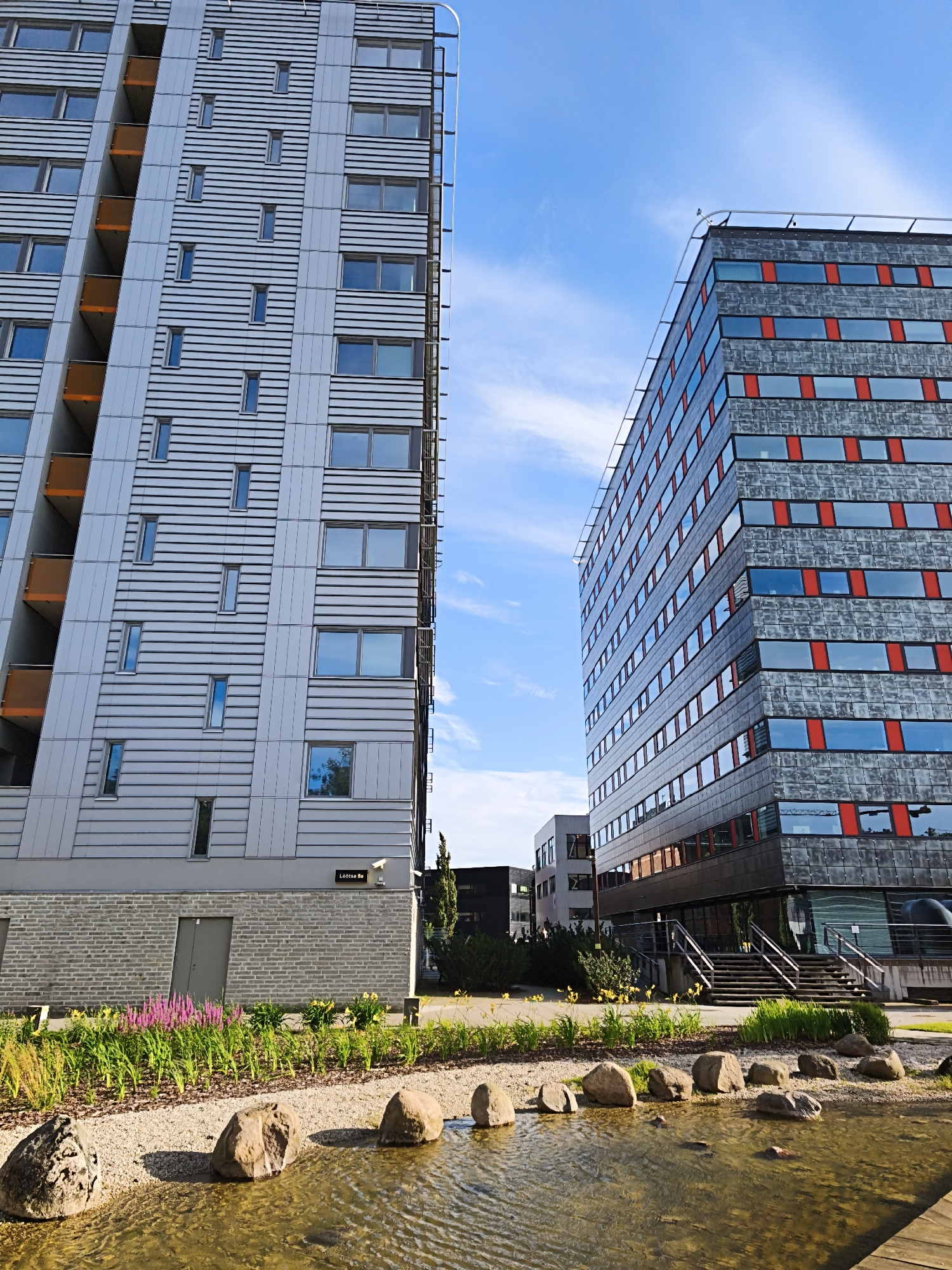 This is a ground-level, eye-level, full outdoor shot of two modern apartment buildings in Tallinn, Estonia. The building on the left is a tall, slender residential building with a light-colored, ribbed facade and orange balconies. The building on the right is a wider, more geometric structure with a dark facade featuring alternating horizontal bands of gray panels and red-framed windows. The buildings are situated in a small park area with a shallow water feature in the foreground, bordered by rocks and gravel. Lush green landscaping, including pink and yellow flowers, lines the base of the buildings. The sky above is a clear blue with scattered white clouds. The scene is well-lit by natural daylight. No people are visible. A street sign for "Lootse tee" is visible on the side of the left building.