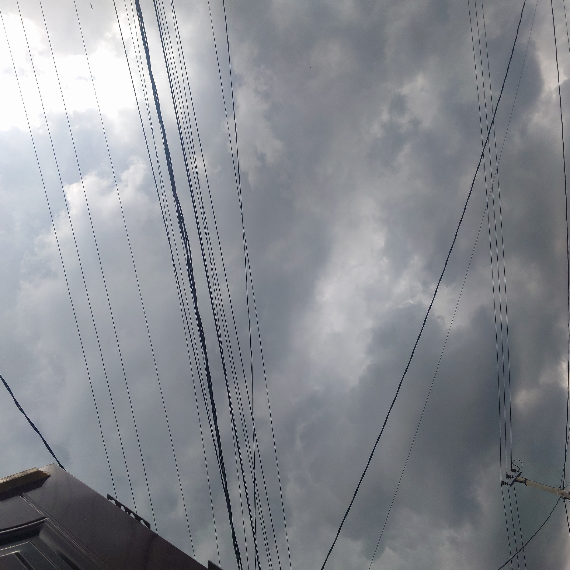 A low-angle shot captures a segment of a building on the left, a utility pole with insulators in the lower center, and a dense, overcast sky filled with dark, heavy clouds. Numerous dark electrical wires are strung across the frame, creating a complex network against the backdrop of the stormy sky. The overall impression is one of a somber, possibly impending weather event. This image does not depict the city of Belorechensk, Russia.