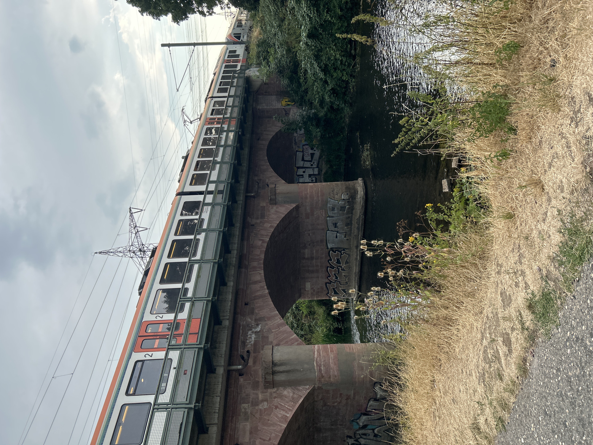 A train, identified by its orange and white livery and bearing the number "2" on some of its carriages, travels across a multi-arched stone bridge. The bridge spans a dark, rippling body of water, likely a river or canal, which reflects the overcast sky. The bridge's stone arches show signs of graffiti. Dry, yellowed grasses and weeds grow along the riverbank and the path in the foreground, with some greenery and trees visible on the far bank and beyond the bridge. Overhead, power lines and their supporting structures are visible against the cloudy sky. The scene appears to be an urban or suburban environment, given the presence of the train, bridge, and power infrastructure. The setting is consistent with the area near the Weseler Straße bridge over the Nidda river in Frankfurt, Germany, a location known for its rail lines and natural waterways.