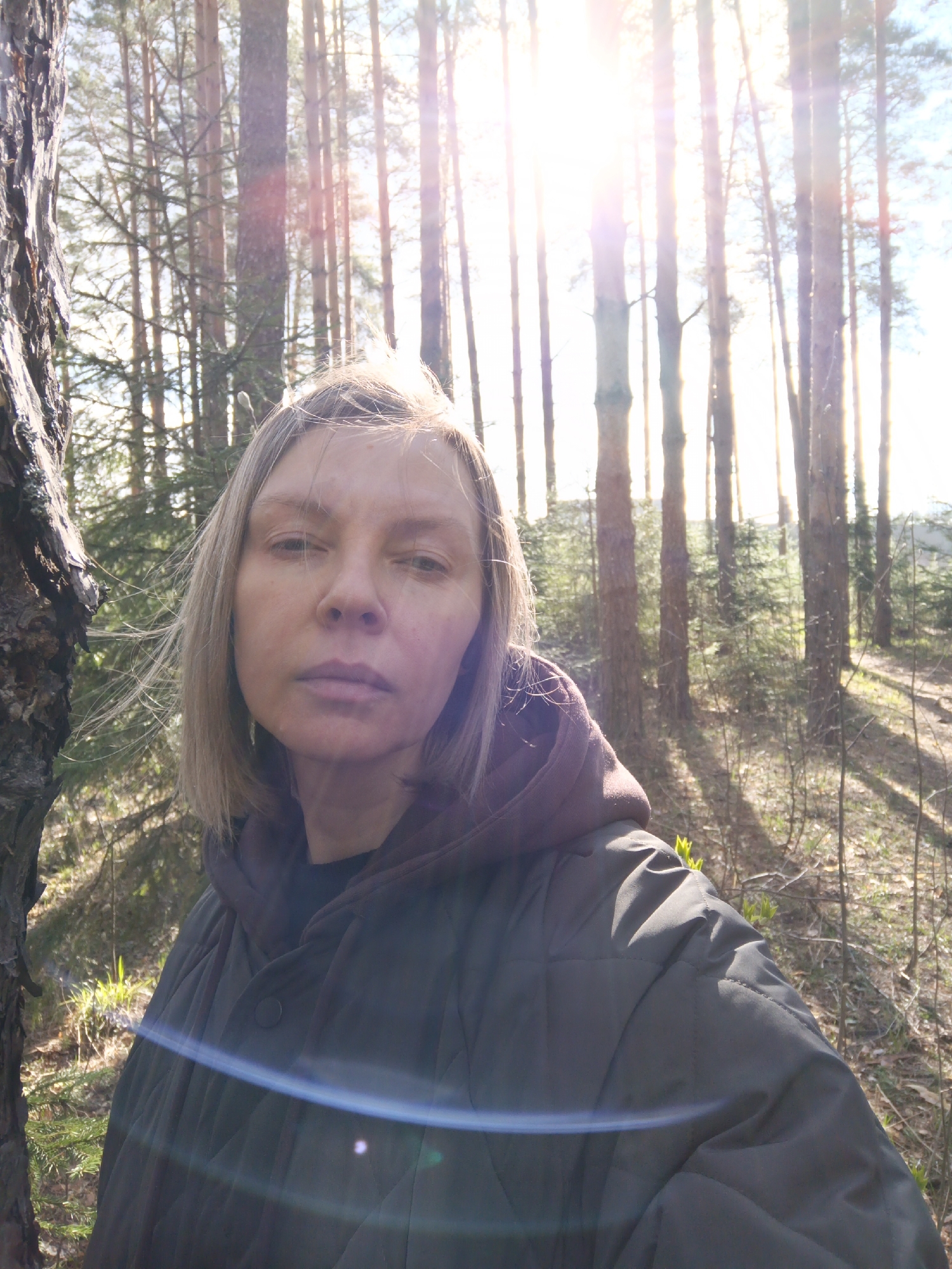 A woman is captured in a sunlit forest, taking a selfie or being photographed. The central subject is a middle-aged woman with shoulder-length blonde hair, looking directly at the camera with a neutral, calm expression. She is wearing a dark green quilted jacket over a maroon hooded top.
The setting is a dense forest, likely composed of tall, slender pine or similar coniferous trees, typical of the natural landscape in Chaikovsky, Russia. A large, textured tree trunk is prominent on the left side of the foreground, partially framing the shot. The background features numerous tree trunks, with bright sunlight streaming through them, creating a strong backlighting effect and prominent lens flares across the bottom half of the image. The ground is covered with sparse vegetation, showing some green shoots.
The time of day is bright and sunny, indicated by the strong sunlight and the long shadows cast on the forest floor, suggesting either early morning or late afternoon. The overall atmosphere is natural and serene. No visible text is present in the image.