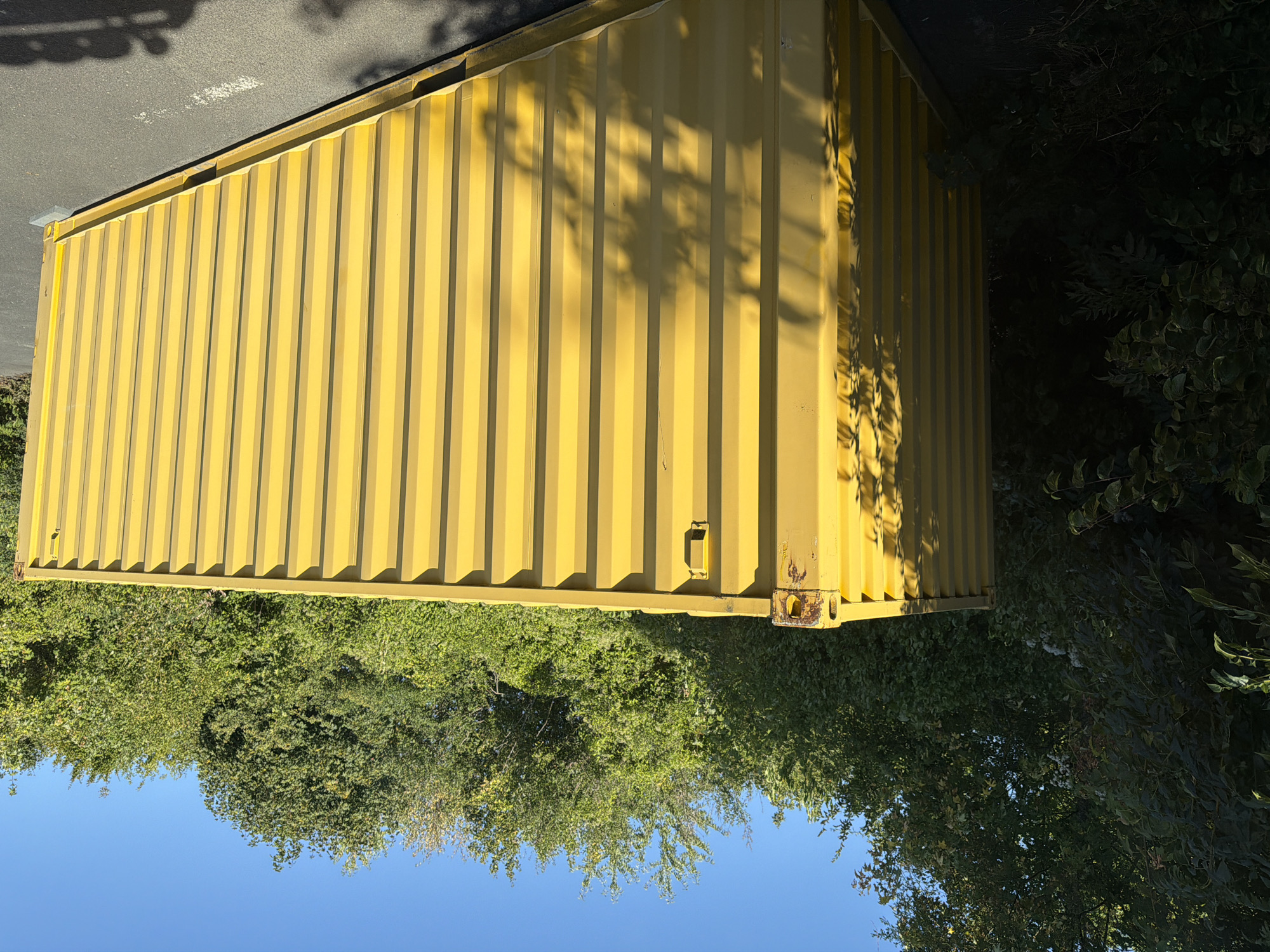 An external shot shows a bright yellow shipping container situated on an asphalt surface. The container is positioned at an angle, with its long side facing the viewer. Dense, green foliage forms a backdrop behind the container and to its left, with a clear blue sky visible above the trees. Sunlight casts shadows from unseen trees onto the side of the container, creating a pattern of light and dark stripes. The scene appears to be located in a semi-industrial or storage area, consistent with the typical placement of shipping containers. The image lacks any human presence or discernible activity. The overall impression is one of static storage within an outdoor environment.