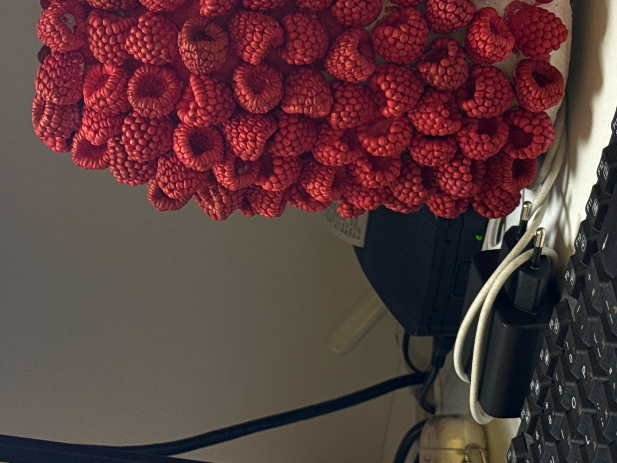 The image shows a close-up view of a desk area. A cluster of red, raspberry-like objects, possibly decorative, is positioned in the upper left portion of the frame. Below this cluster is a black router or modem, along with a charging adapter, with a white cable connected to it. Adjacent to these electronics is a portion of a black keyboard. The surface underneath is a light-colored desk. The location is Unknown, Unknown.