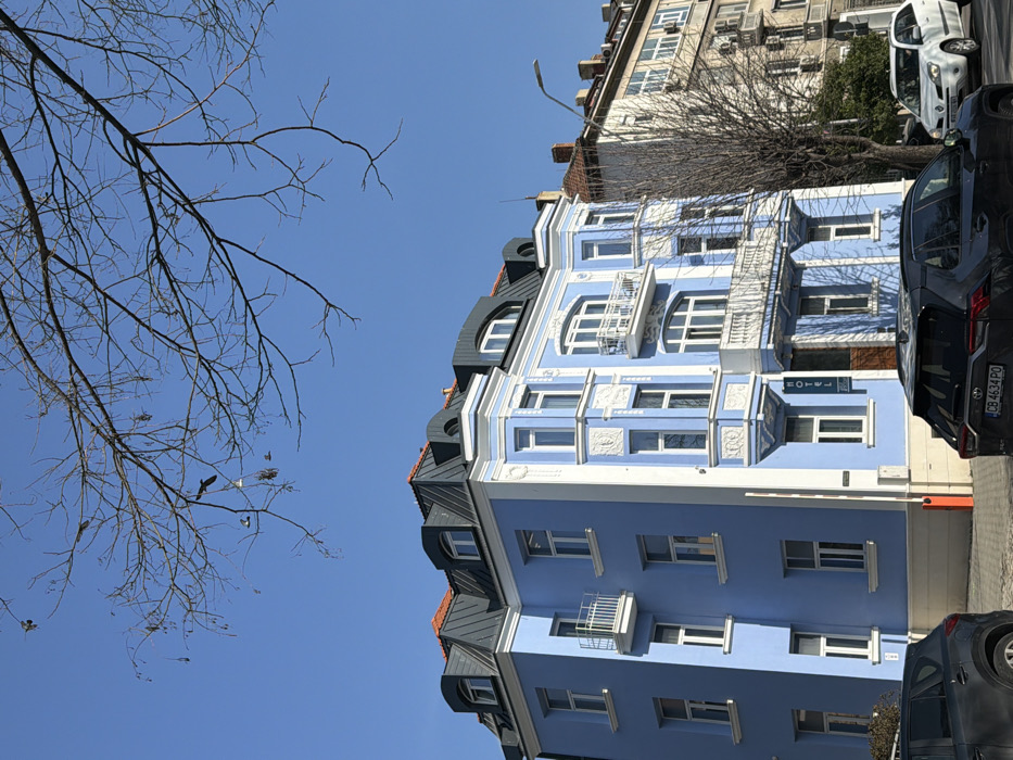 The image captures a street view in Sofia, Bulgaria, on a clear, sunny day. The primary subject is a multi-story building, identified as a hotel by a vertical sign on its facade, painted light blue with ornate white architectural detailing, including window surrounds and balconies with white railings. The building features a dark grey mansard roof with multiple dormer windows and sections of reddish-orange roof tiles visible. To the right, a taller, older building with a light-colored facade and several exterior air conditioning units is partially visible, featuring a tiled roof and multiple chimneys. In the foreground, a dark grey Toyota RAV4 SUV with Bulgarian license plate CB 4634 PO is parked on the street, facing away from the viewer. A white Renault car is visible behind the SUV. A red and white striped barrier pole is present near the entrance of the blue building. Bare tree branches extend into the upper portion of the frame, silhouetted against the cloudless blue sky, with several birds in flight, including one larger dark bird. No people are discernible in the scene.