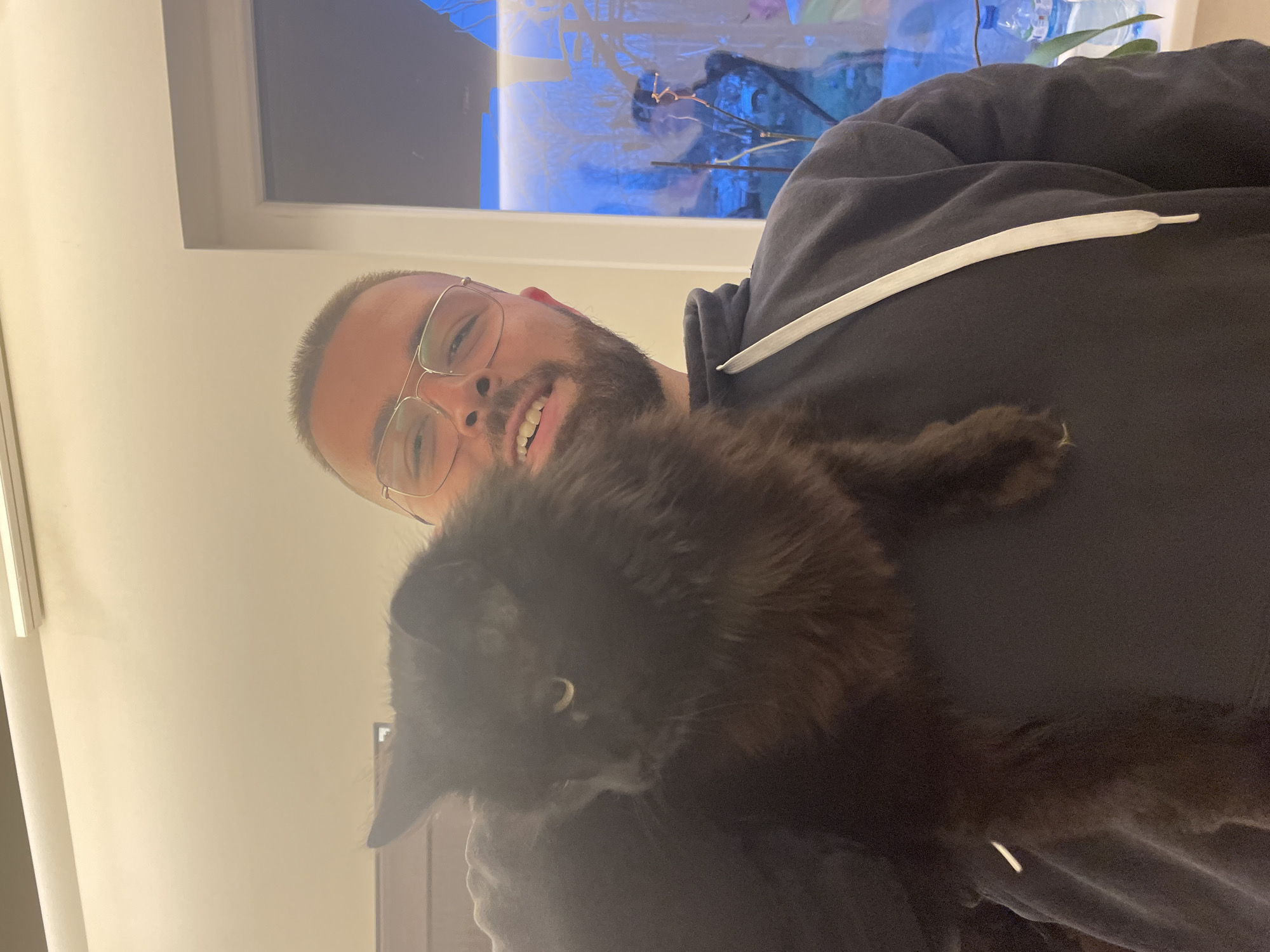 A person with glasses and a short beard is holding a black cat in front of them. The person is wearing a black hoodie with white drawstrings. In the background, there is a window with a blue abstract image. The location is most likely indoors, possibly in a residence. There's no evidence in the image indicating that the scene is located in Sofia, Bulgaria.