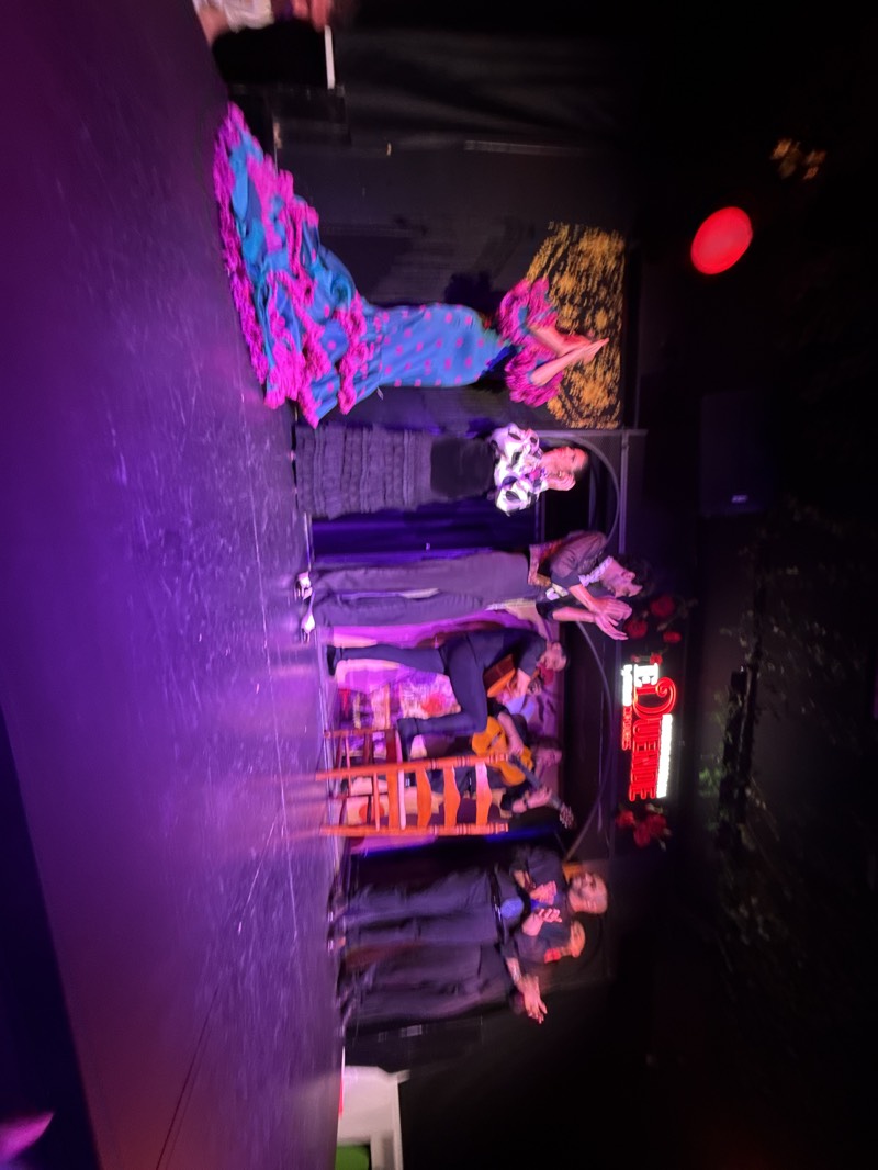 The image is oriented sideways, appearing rotated 90 degrees counter-clockwise. It depicts an indoor flamenco performance taking place on a stage, likely in the evening or at night, illuminated by dramatic purple and blue stage lights against a dark background.
Several subjects are visible on stage. On the left, a female dancer in a vibrant blue flamenco dress adorned with pink polka dots and ruffled trim is captured mid-movement, her arms raised gracefully. To her right, another female performer, dressed in a dark skirt and a patterned white blouse, stands in a more subdued pose. Further to the right, a group of musicians and singers are positioned. Two men are seated, playing acoustic guitars. Another figure, possibly a singer or palmero, stands near them. In the foreground on the right side of the stage, a male performer in dark attire is standing and clapping his hands, contributing to the rhythm.
The activity is clearly a live flamenco show, showcasing both dance and music. The performers exhibit focused and passionate expressions. Notable details include the wooden chairs used by the guitarists and a decorative backdrop with a gold and black patterned fabric behind one of the dancers. On the far right, a red circular light glows, and beneath it, a neon-style sign is visible, reading "LA JUVENIL FLAMENCO EXPRESS" with "LA JUVENIL" prominently in red. Red roses and some green foliage are arranged around the base of the sign, adding to the decorative elements of the stage setting.