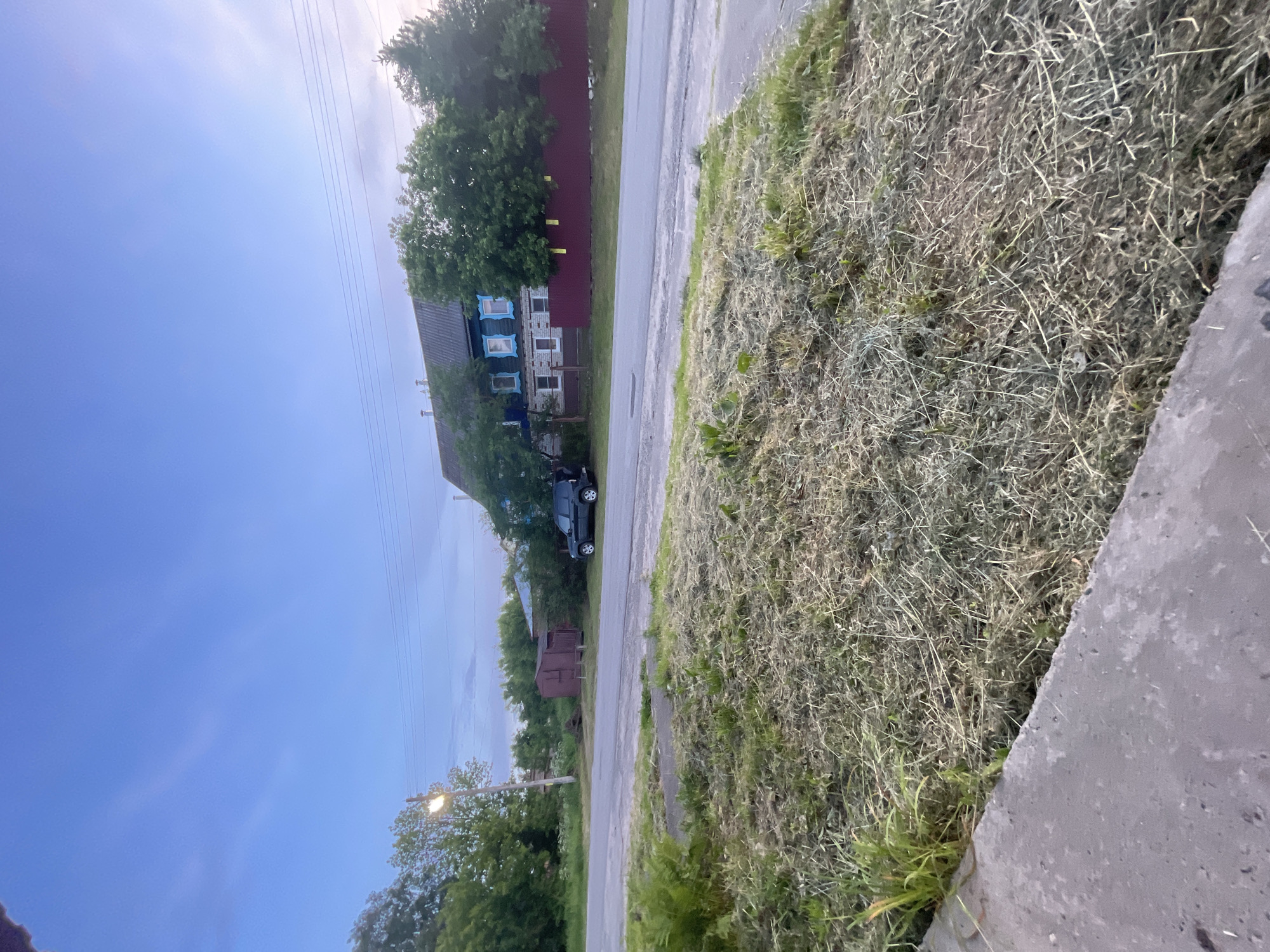 The image depicts a scene in the city of Krasnye Baki, Russia. In the foreground, there is a patch of mowed grass, with some blades of green grass still visible amongst the drier, cut grass. A concrete curb runs along the very bottom left of the frame. A paved road runs horizontally across the middle ground, with a mowed grassy area on the opposite side. Beyond the road, a dark-colored SUV is parked on the shoulder near a small, reddish-brown shed. Further back, a two-story house with a dark roof and blue-trimmed windows is visible, partially obscured by green trees. A dark red fence runs along the property line. The sky is a pale blue with wispy clouds, suggesting it is either early morning or late evening. A street lamp is present on the left side of the road. The environment appears to be a rural or suburban setting.
