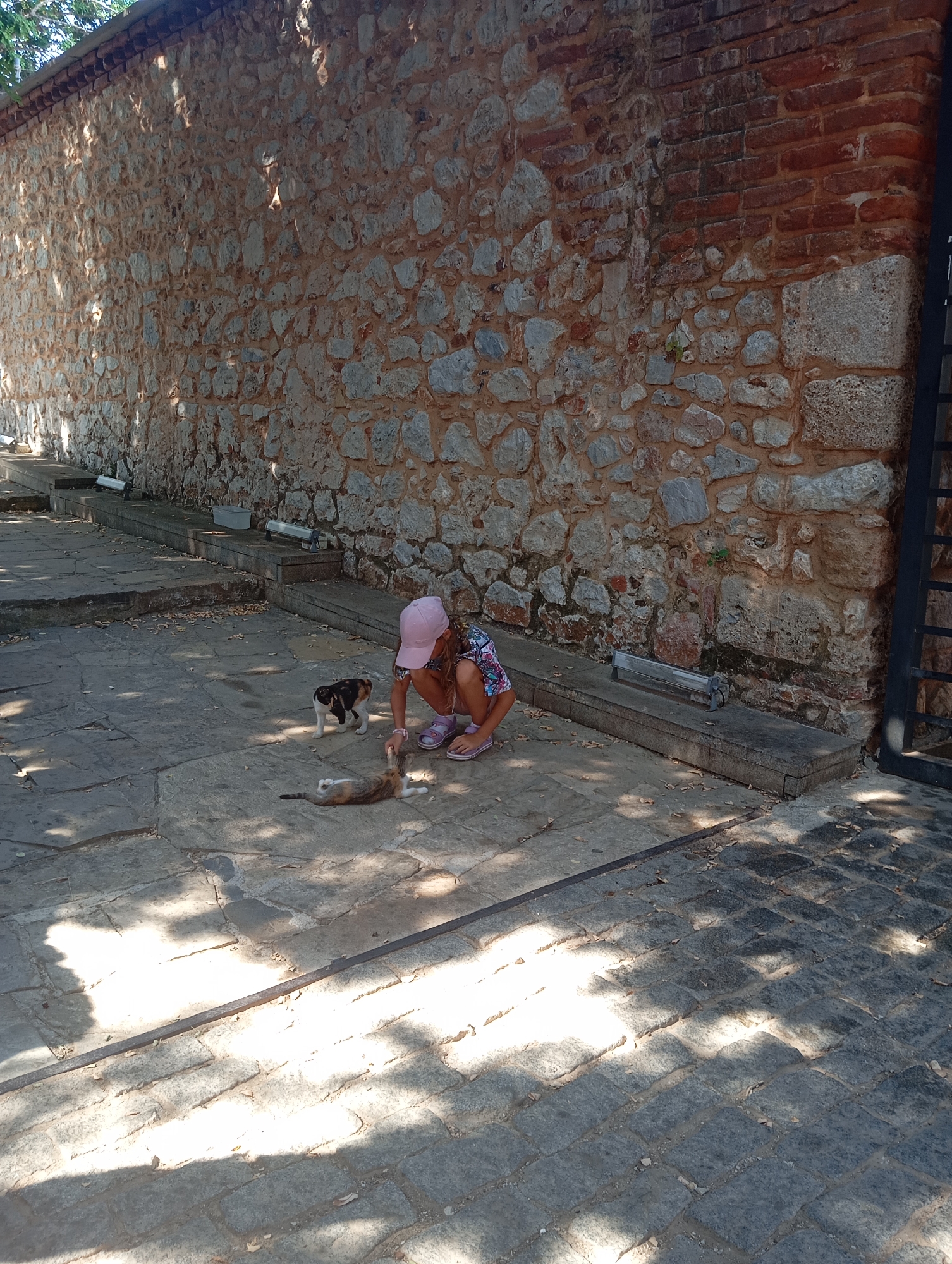 A young girl wearing a pink cap and a patterned dress kneels on a stone patio, interacting with two cats. One cat, a calico, lies on its back, while a smaller black and white cat stands nearby. The scene is set against a textured stone wall, part of which is constructed from brick. The ground is paved with large, uneven stones, and the area is dappled with sunlight and shadows, suggesting an outdoor environment in a city. The overall impression is a moment of gentle interaction between a child and animals in an urban setting.