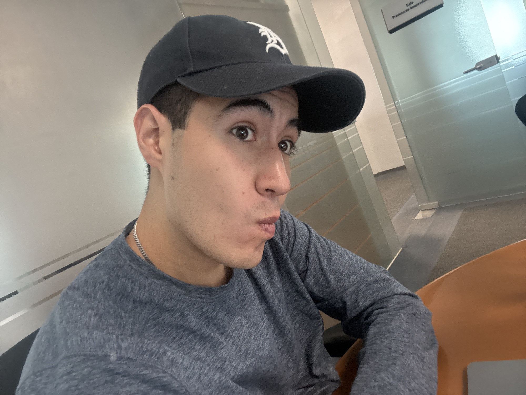 A young adult male wearing a dark baseball cap with a white logo on the front, a gray long-sleeved shirt, and a silver chain around his neck is seated in an office setting. He is looking to his right with a slight pucker of his lips.
The background suggests an office environment with glass partitions. A sign that reads "Sala Profesores Inspiradores" is visible on a door in the background. The color of the chair suggests that this is in Puebla, Mexico.