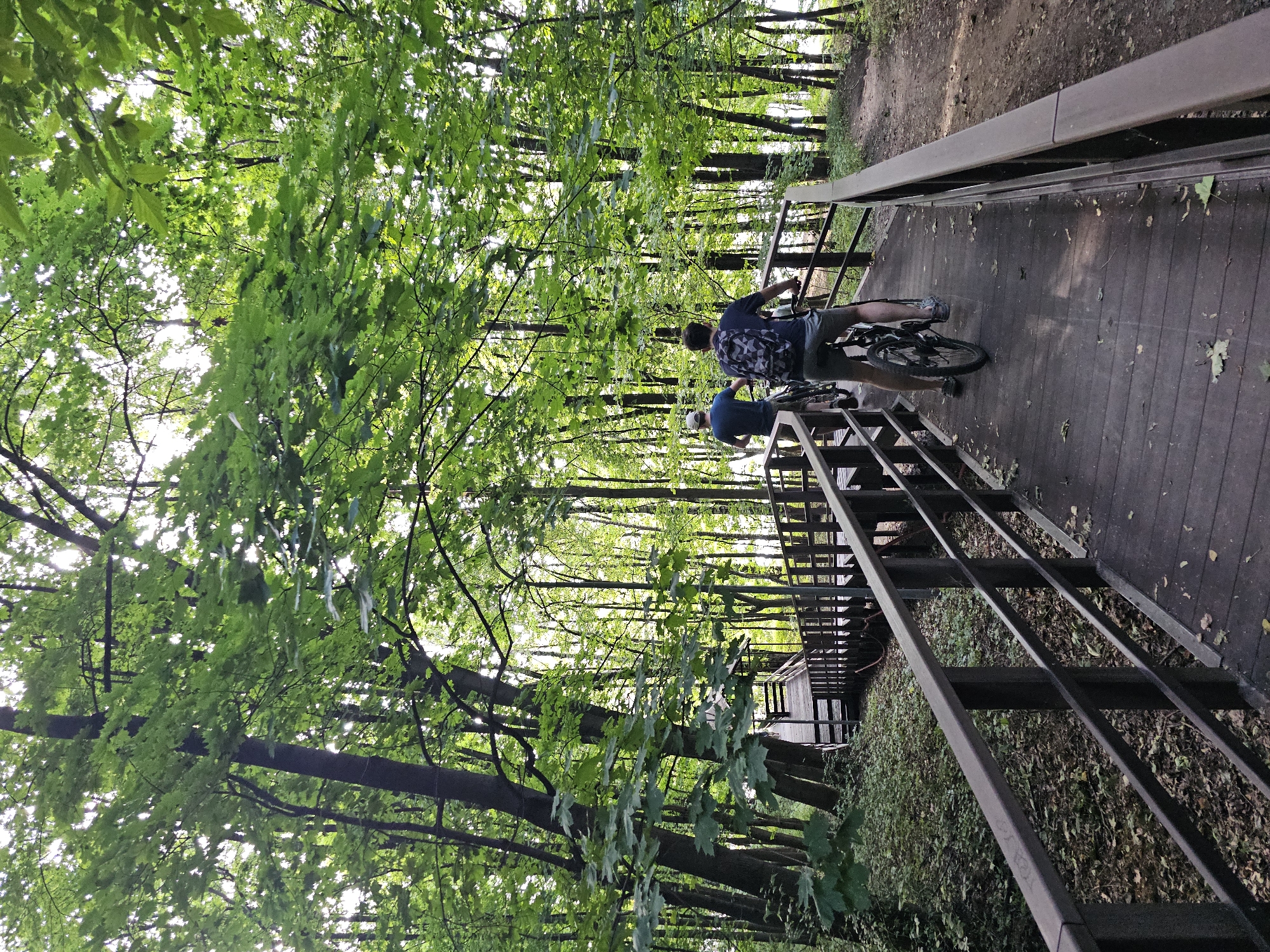 Two individuals are cycling on a wooden boardwalk in a park. The boardwalk is bordered by a wooden railing and winds through a dense forest with tall trees and lush green foliage. Sunlight filters through the canopy, creating dappled light on the path. The person in the foreground is wearing a backpack. The scene appears to be in a natural outdoor setting, possibly a park or recreational area within the city of Khimki, Russia, given the context of the location.