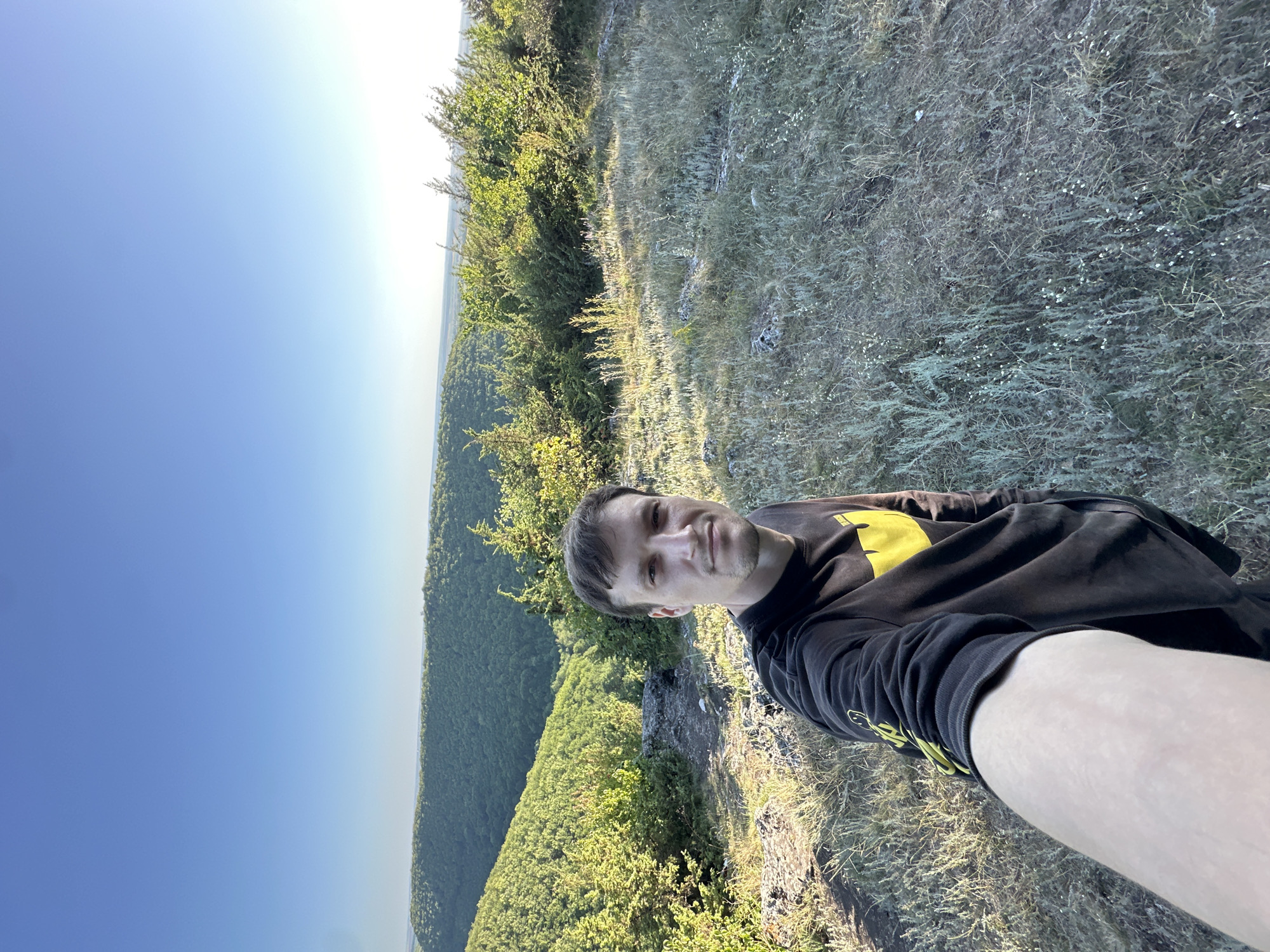 A man is taking a selfie outdoors with a view of rolling green hills and a clear blue sky. He is wearing a black sweatshirt with yellow accents. The ground in the foreground is covered in dry grass and rocks. The background consists of densely forested hills that stretch into the distance. The lighting suggests it is daytime, likely late afternoon due to the warm tones. The location is identified as Pryvorottia Druhe, Ukraine.