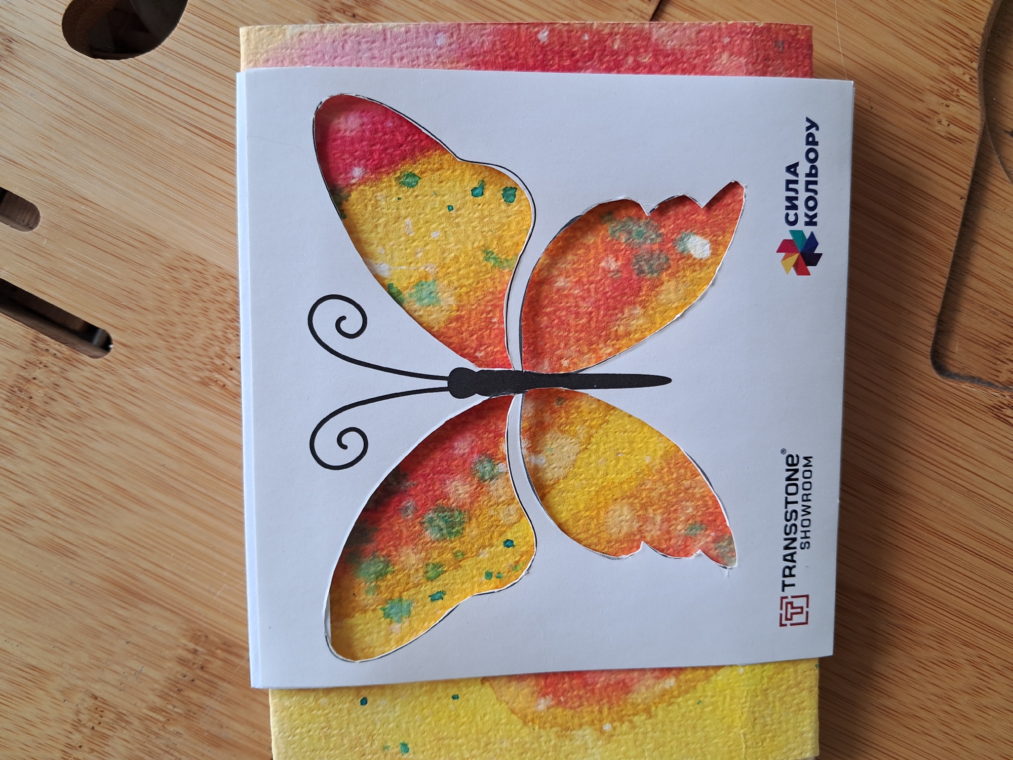 An overhead shot captures a butterfly-shaped cutout on a white card, revealing a textured watercolor background in shades of yellow, orange, and red with green speckles. The card itself is positioned on a light brown wooden surface with visible grain patterns. Two logos are printed on the bottom edge of the card: one on the left features a red stylized "T" within a square, followed by the text "TRANSSTONE" and "SHOWROOM" in black; the other on the right displays a colorful geometric star logo and the text "СИЛА КОЛЬОРУ" in Russian. The background is largely out of focus, but appears to be a wooden surface with carved-out sections.