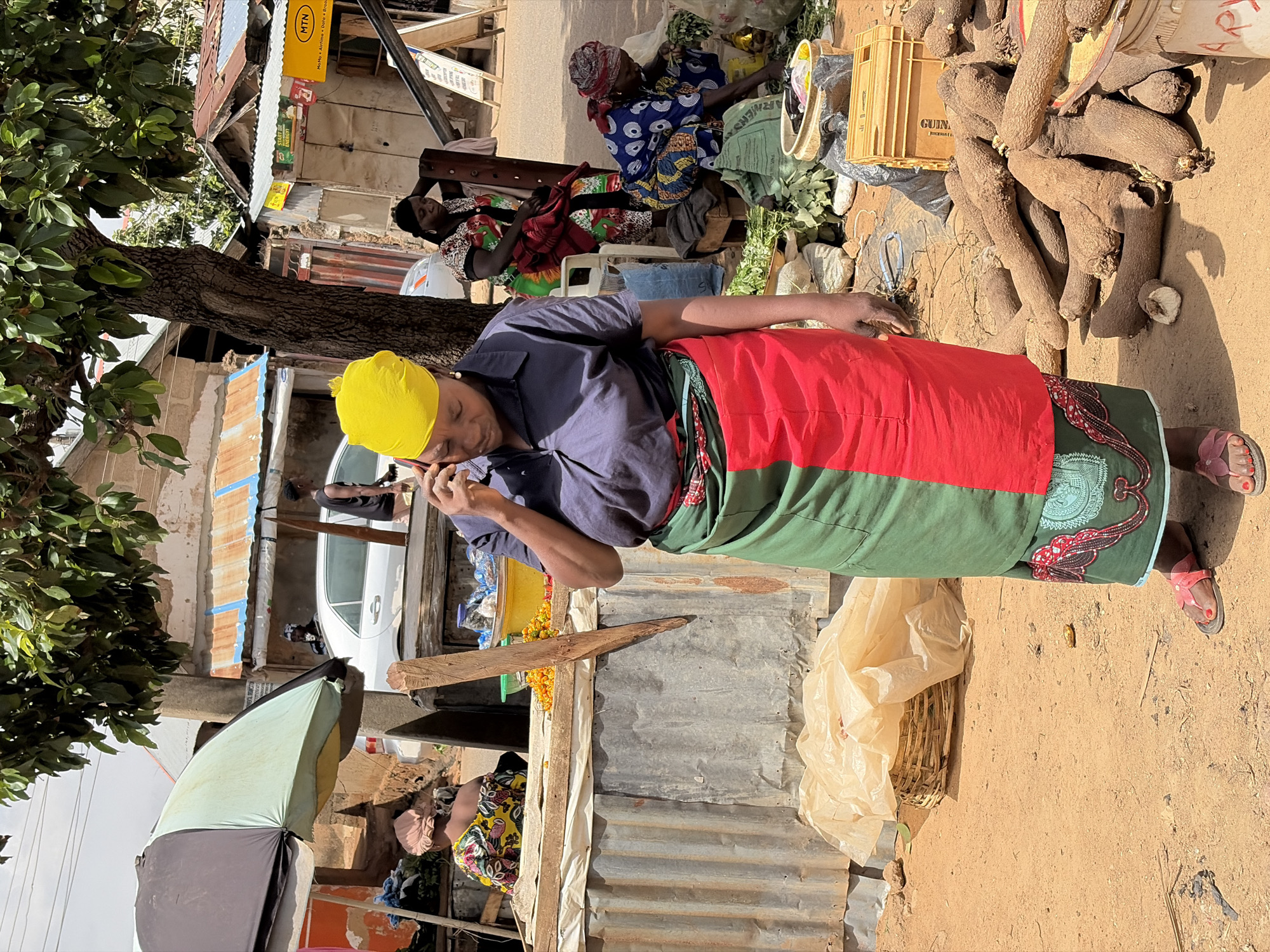 In Jos, Nigeria, an African woman wearing a yellow headscarf, blue shirt, and a skirt with green, red, and black patterns is standing on a dirt surface and speaking on her cell phone. She is surrounded by commercial activity including tubers of yam, women in traditional dress, an umbrella, and commercial signage. Buildings with corrugated tin roofs are visible in the background. A tree is in the upper left corner of the image.