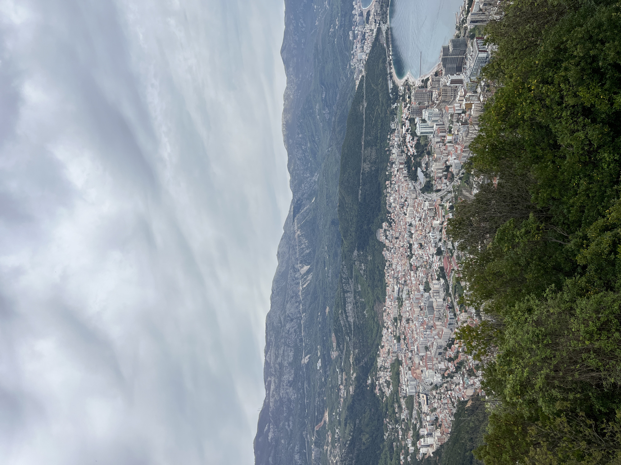 The image shows a high-angle view of a coastal city next to a mountain range, with the sky overhead. The city, identified as Budva, Montenegro, is characterized by densely packed buildings, mostly of light color, stretching along the coastline. To the left of the city is a tall mountain range, heavily vegetated, reaching into the sky. Patches of greenery are also visible within the city. The sky is overcast, with streaks of clouds covering the scene. Part of the city and the coast are obscured by green trees.