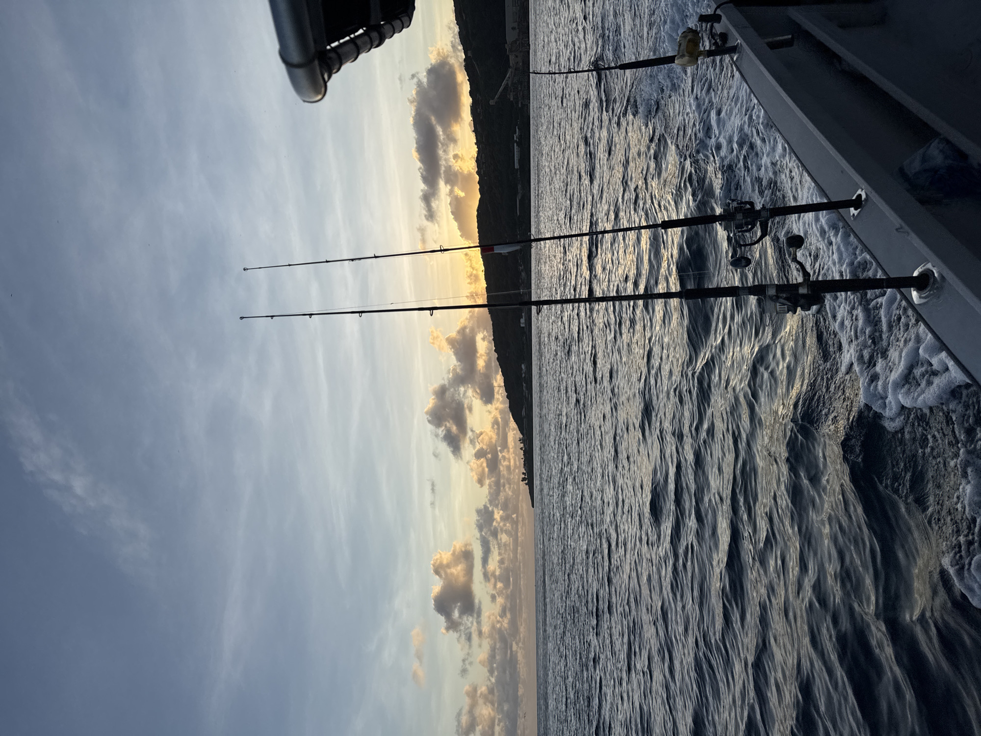 The image depicts a serene ocean scene at dusk, viewed from the deck of a boat. The water is choppy, with white foam trailing the boat. In the foreground, three fishing rods are securely mounted on the boat's railing, ready for use. The sky is a canvas of soft blues and grays, with scattered clouds illuminated by the setting sun, which casts a warm glow on the horizon. A distant, green, hilly coastline with scattered structures is visible across the water. The overall atmosphere is one of tranquility and anticipation, hinting at a fishing expedition. The location is identified as Flying Fish Cove, Australia, suggesting a coastal setting within the Australian territory of Christmas Island.
