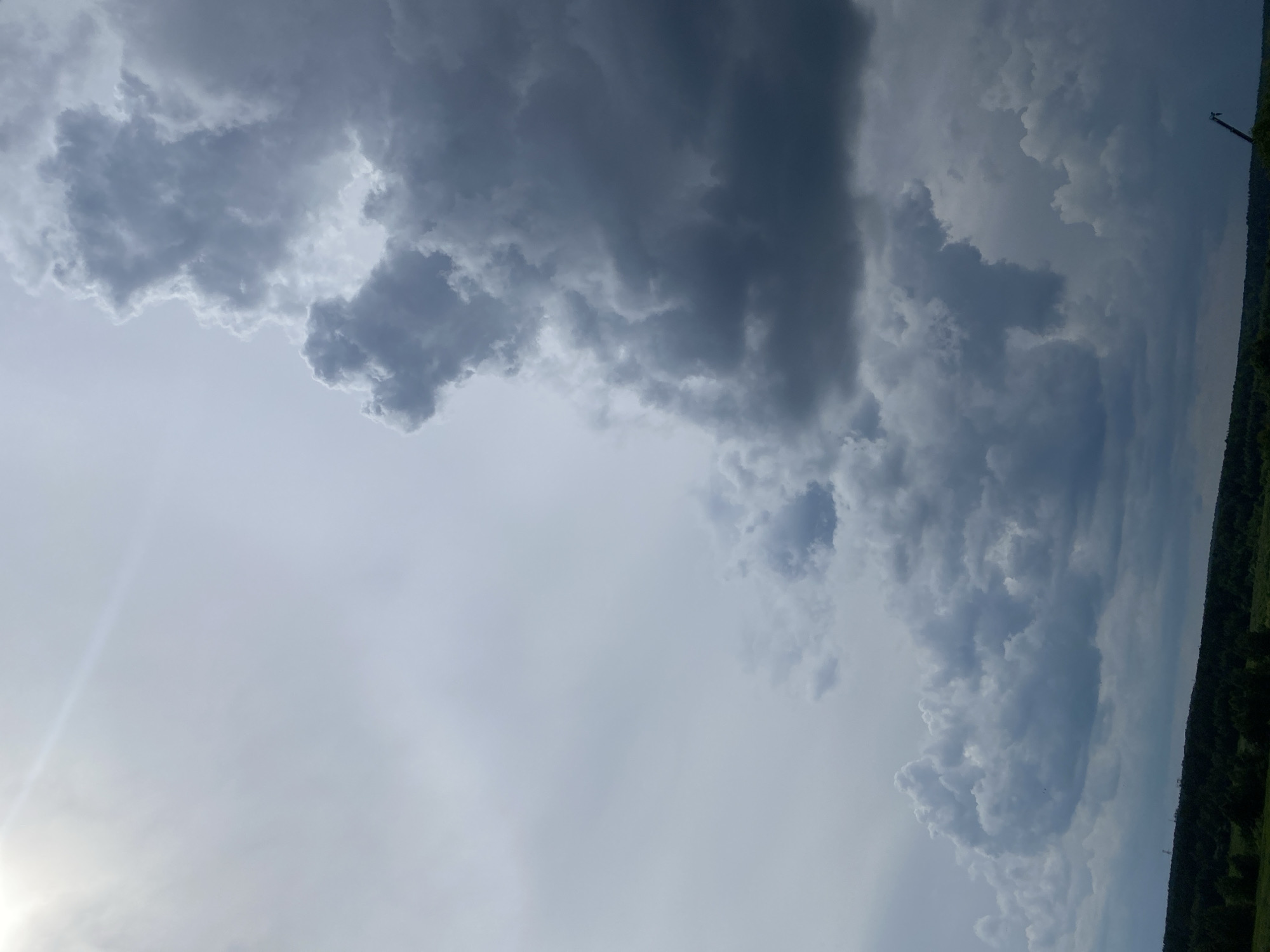 This media file depicts a cloudy sky over a natural landscape, likely during daytime. The primary subjects are the dramatic, textured clouds that dominate the upper portion of the frame. They range from bright white and wispy to dark, heavy gray, suggesting an impending storm or recent rainfall.
The scene is composed of the sky and a sliver of the Earth's surface at the bottom right. This landmass appears to be a dense forest or a field of vegetation, with a dark green hue. A faint, diagonal line of trees stretches across the horizon, creating a distinct boundary between the sky and the land. There is a thin, vertical object on the far right edge of the frame, possibly a utility pole or a distant tree, which offers a sense of scale. The light is diffuse, characteristic of an overcast or stormy day.
No specific activity or event is clearly depicted, but the dynamic cloud formations suggest the natural progression of weather. The overall mood conveyed is one of awe at the power of nature and perhaps a sense of anticipation or drama due to the stormy sky. The lighting and the type of clouds indicate it could be late afternoon or midday, with overcast weather. There is no visible text in the media file. The location context of Yekaterinburg, Russia, provides a geographical setting, but the image itself doesn't contain overt visual cues to confirm this specific location.