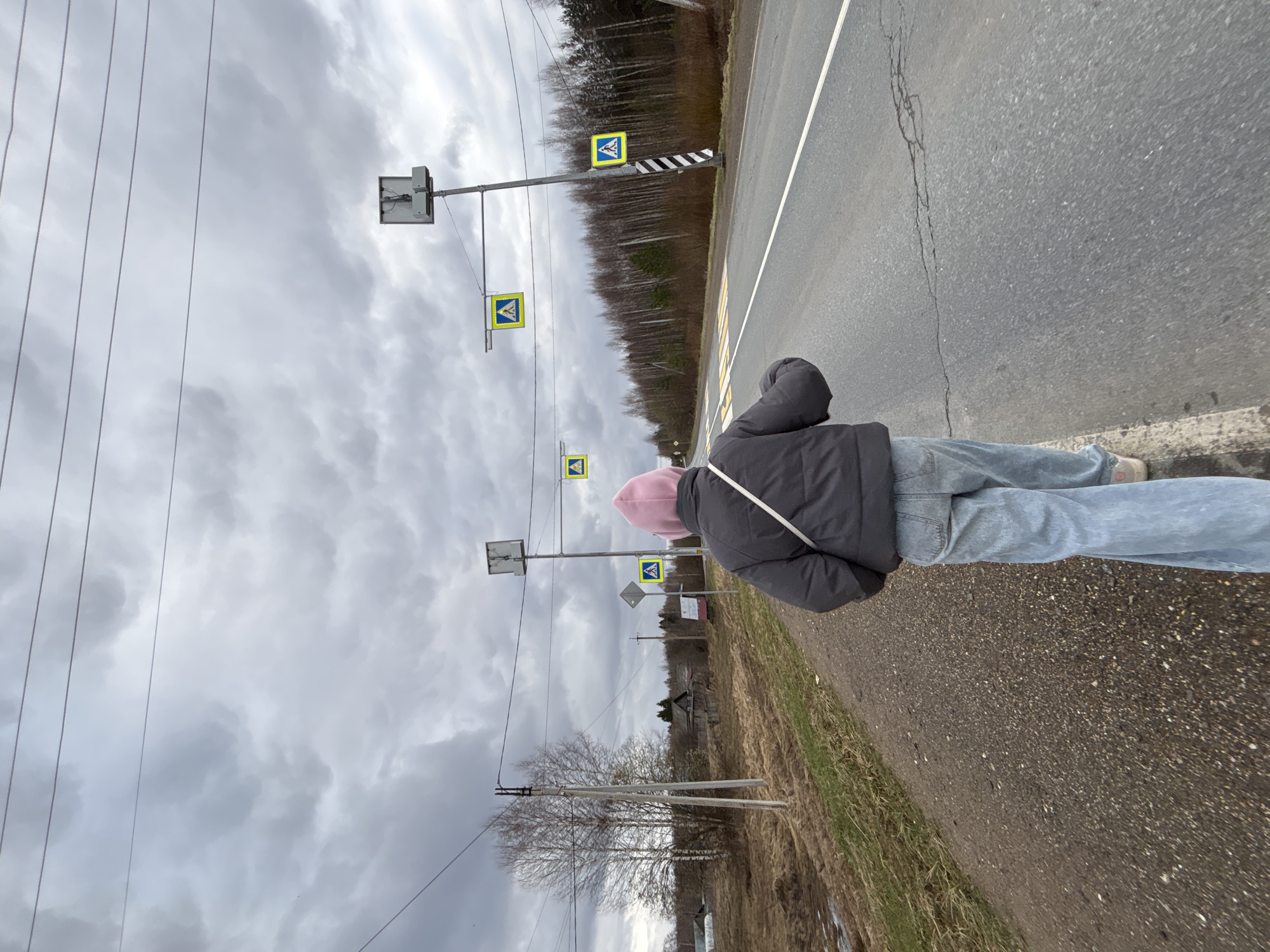 An image, rotated on its side, shows a person from behind, standing or walking on the side of a rural asphalt road under an overcast sky. The individual wears a dark grey padded jacket over a light pink hoodie, paired with light blue jeans. A white strap, possibly from a bag, is visible on their right shoulder.
The road features a solid white line along its edge and a double yellow line further down, with noticeable cracks in the asphalt surface. Adjacent to the road is a dirt and grassy shoulder, backed by a line of bare trees and a dense forest, characteristic of a natural setting like Zhigalki, Russia.
Multiple yellow square signs with black pedestrian symbols, indicating pedestrian crossings, are mounted on tall poles along the road. One of these signs is positioned above a black and white striped pole, clearly marking a crossing point. Utility poles with power lines stretch across the grey, cloudy sky, which suggests an overcast day. Some poles also carry additional equipment, possibly cameras or sensors. A small, indistinct building or structure is faintly visible in the distant background among the trees. The overall scene depicts a quiet, rural environment with infrastructure for road safety.